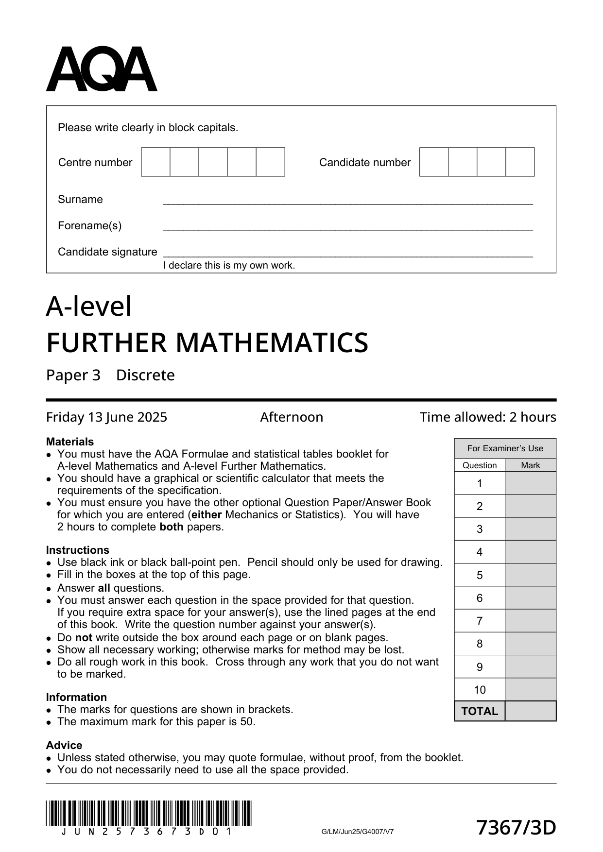 AQA Further Mathematics Paper 3D 2025 Question Paper PDF