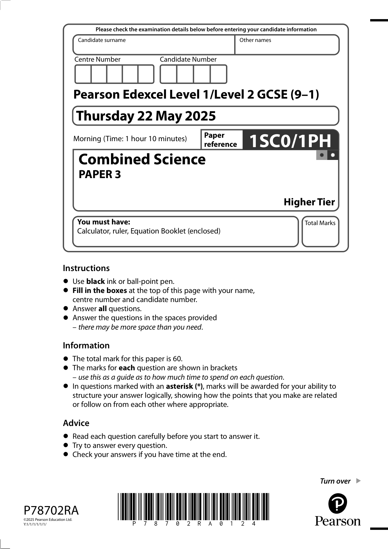 Pearson Edexcel GCSE Combined Science Paper 3 Higher  2025