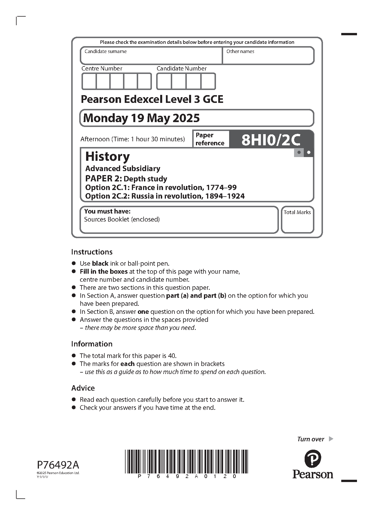 Pearson Edexcel AS History Paper 2C 2025 Question Paper PDF IMG-1