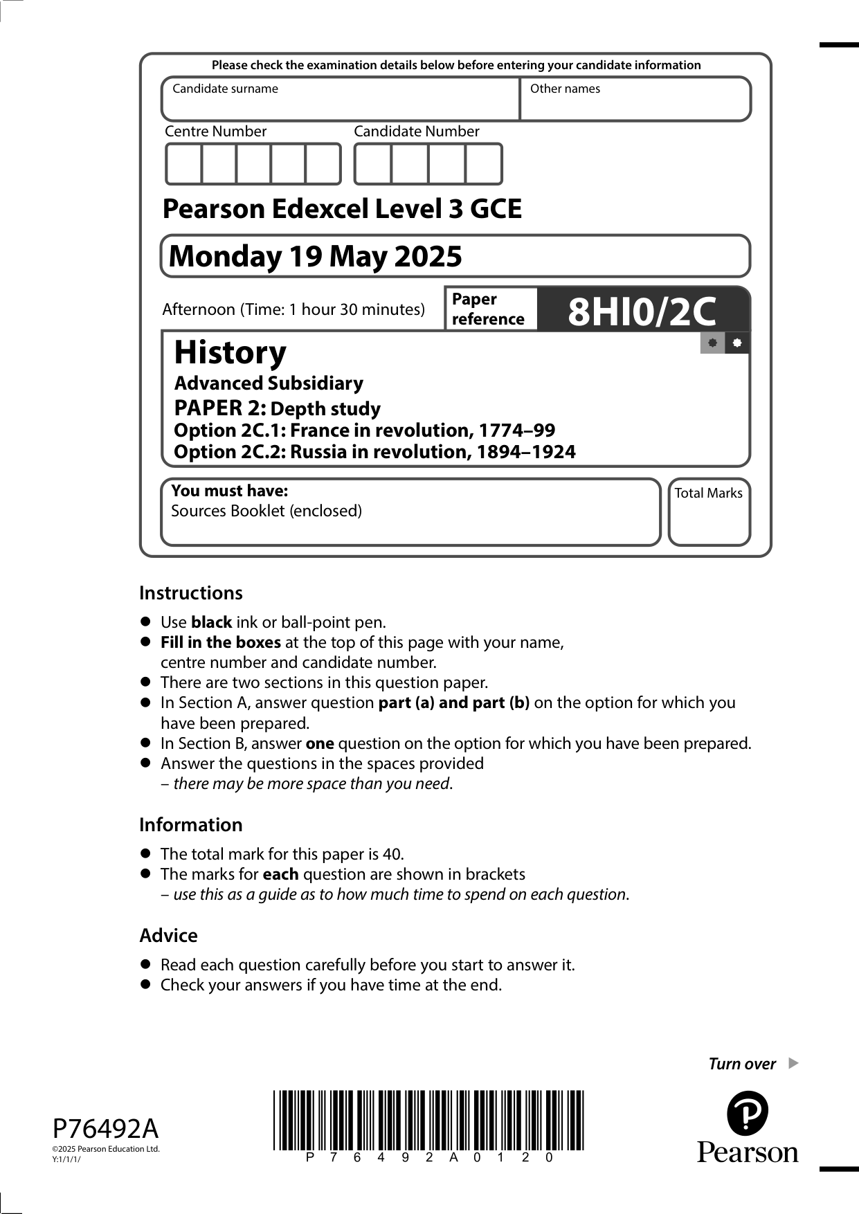 Pearson Edexcel AS History Paper 2C 2025 Question Paper PDF