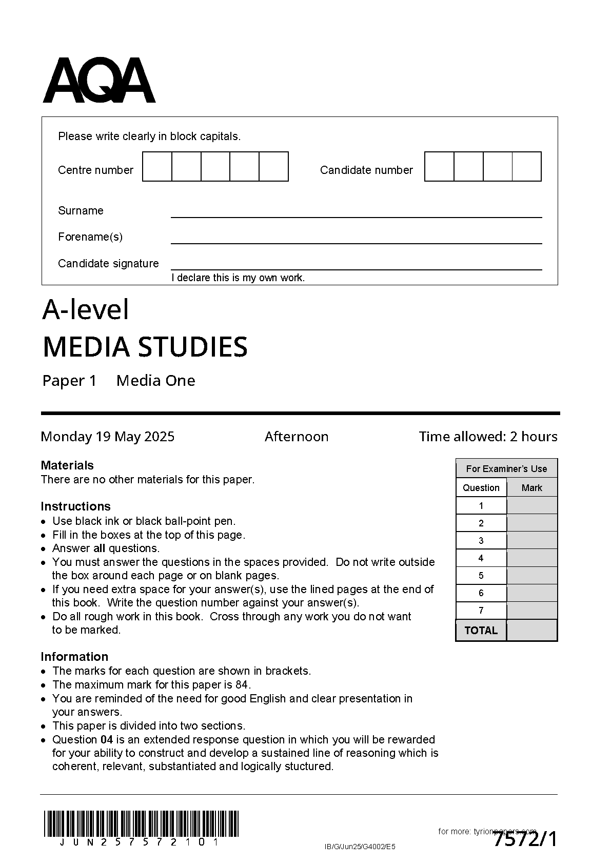 AQA A Level Media Studies Paper 1 2025 Question Paper