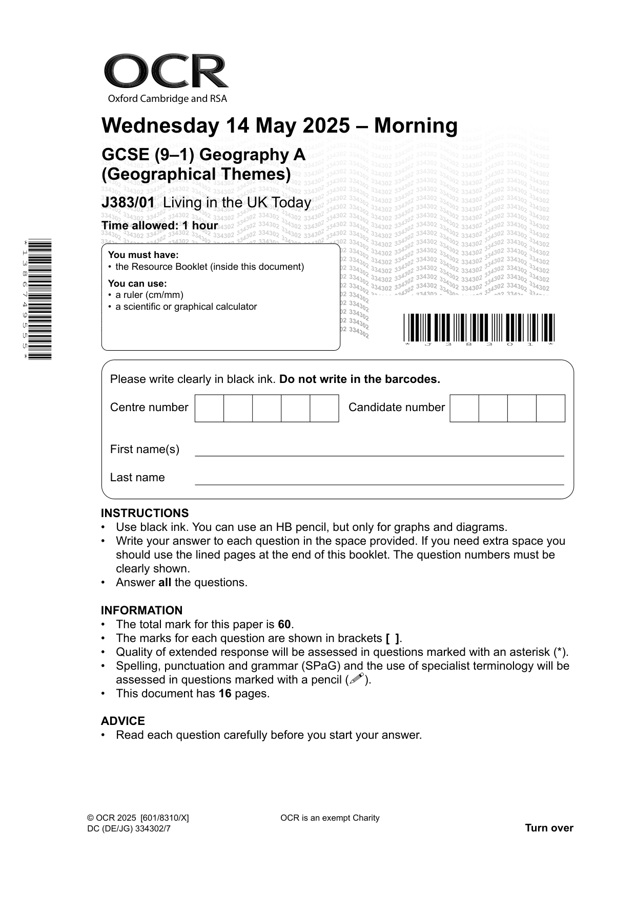 OCR GCSE Geography Paper 1 2025 Question Paper PDF