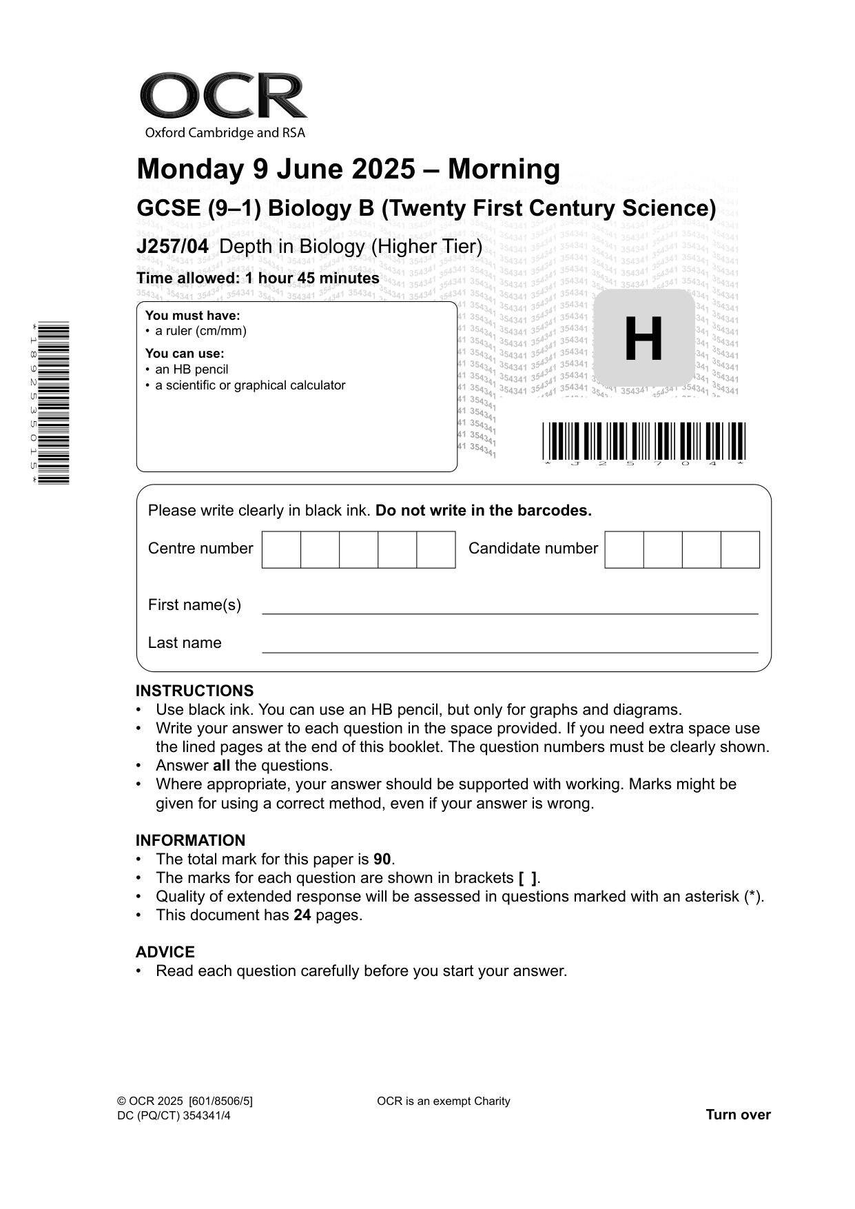 OCR GCSE Biology B Paper 4 2025 Higher Tier PDF