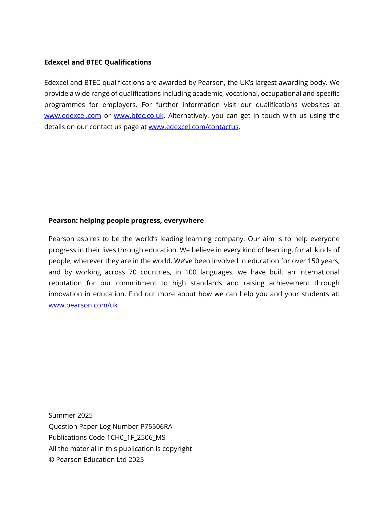 Pearson Edexcel GCSE Chemistry Paper 1F 2025 Mark Scheme