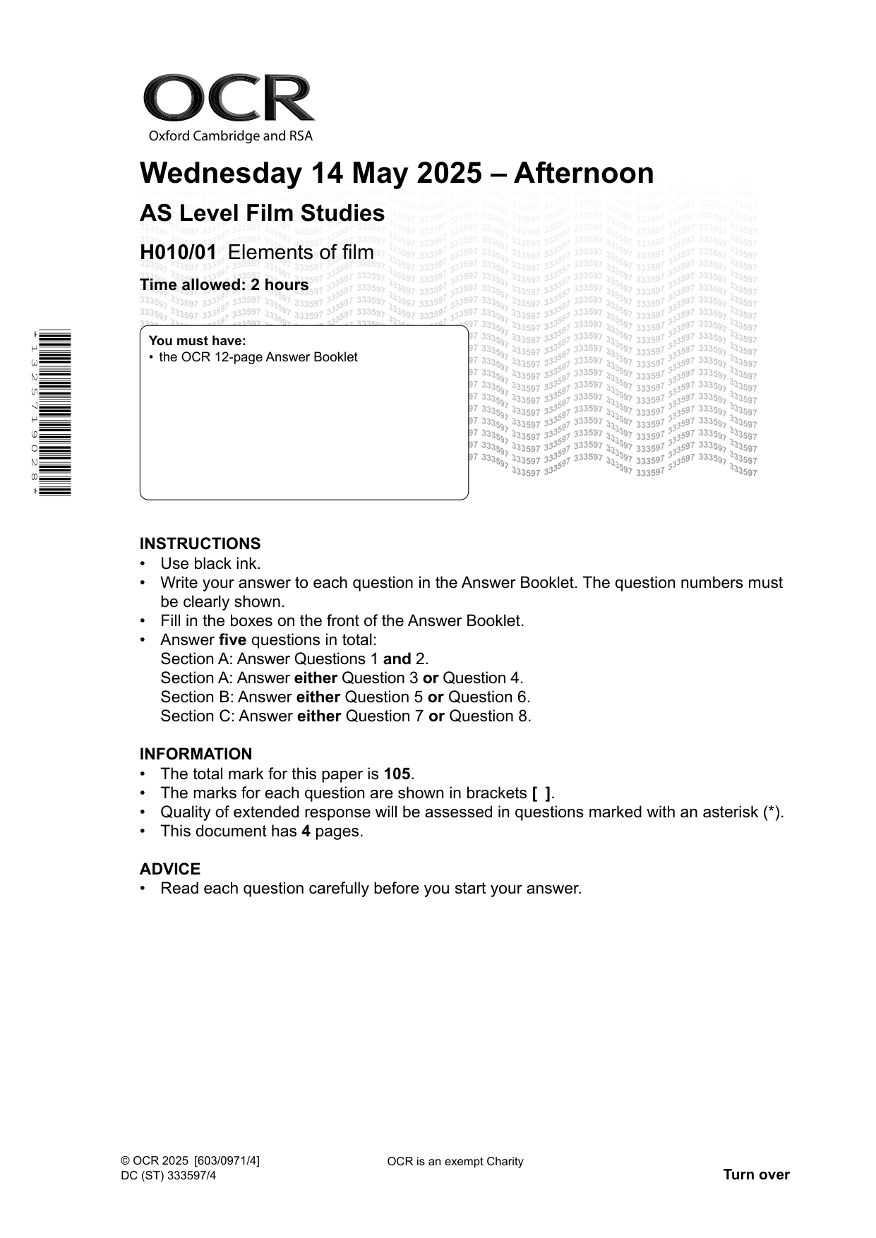 OCR AS Film Studies Paper 1 2025 Question Paper