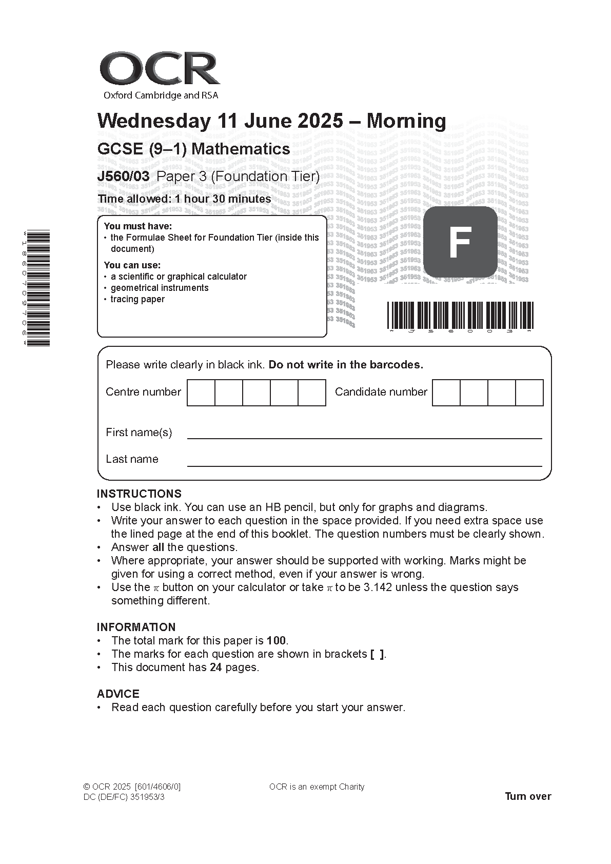 OCR GCSE Maths Paper 3 2025 Question Paper
