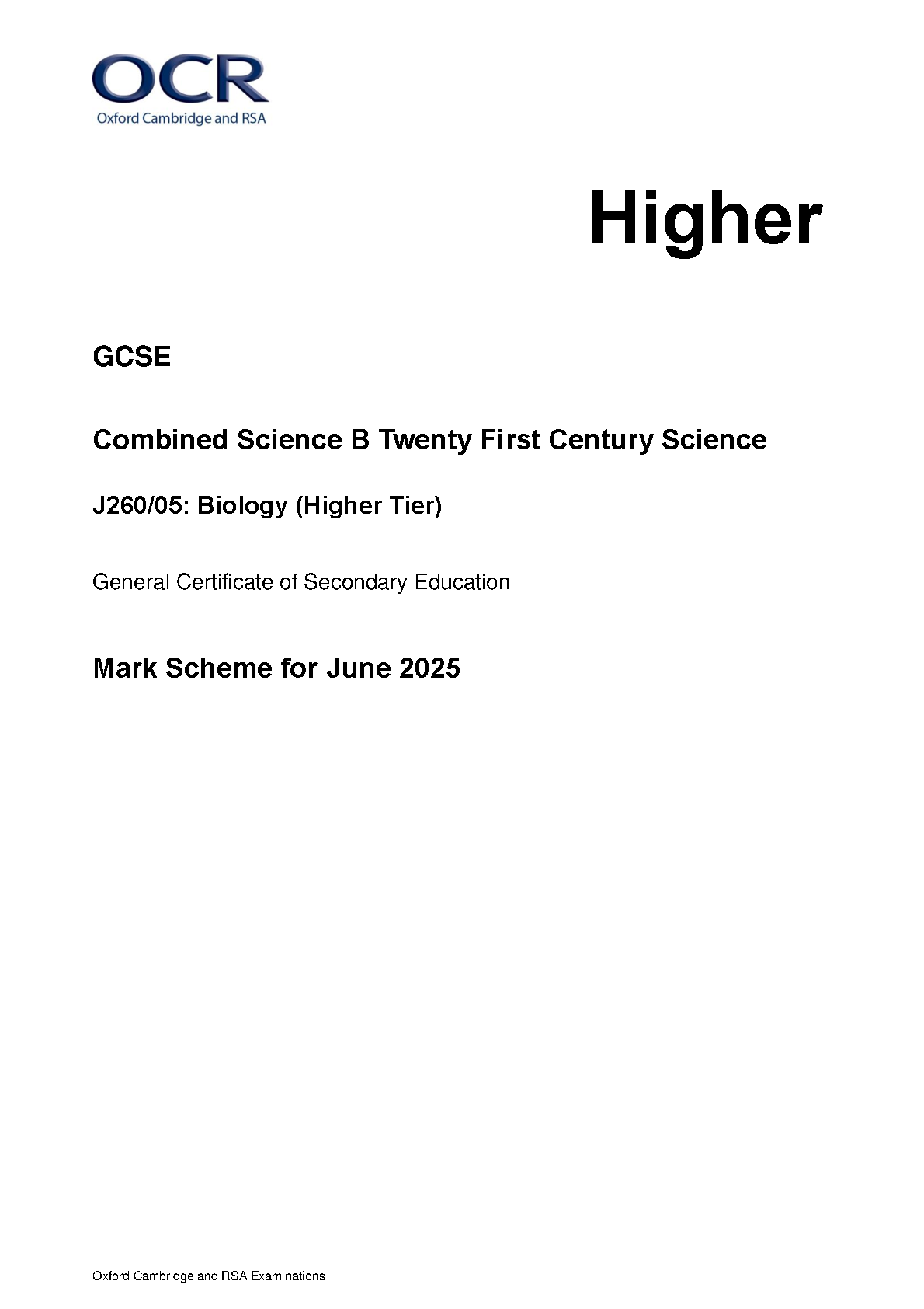 OCR GCSE Biology Paper 5 2025 Mark Scheme