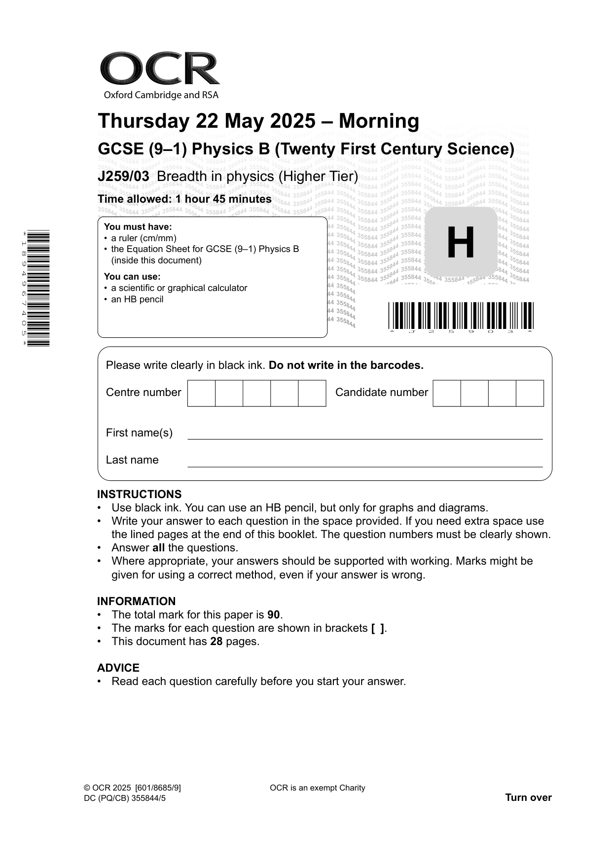 OCR GCSE Physics B Paper 3 2025 Question Paper