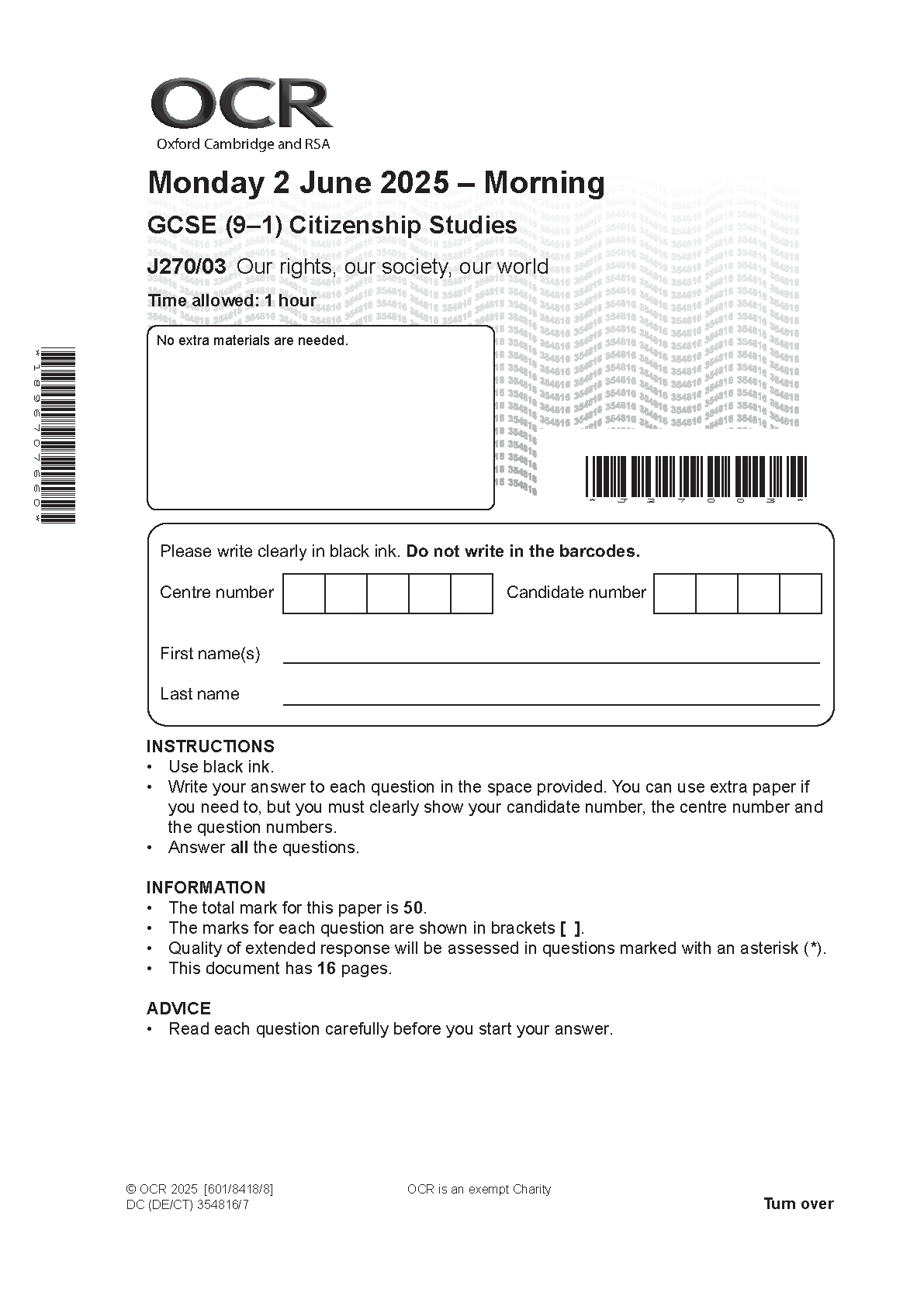 OCR GCSE Citizenship Studies Paper 3 2025 Question Paper