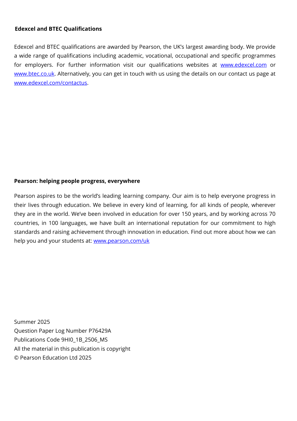 Pearson Edexcel A Level History Paper 1B 2025 Mark Scheme