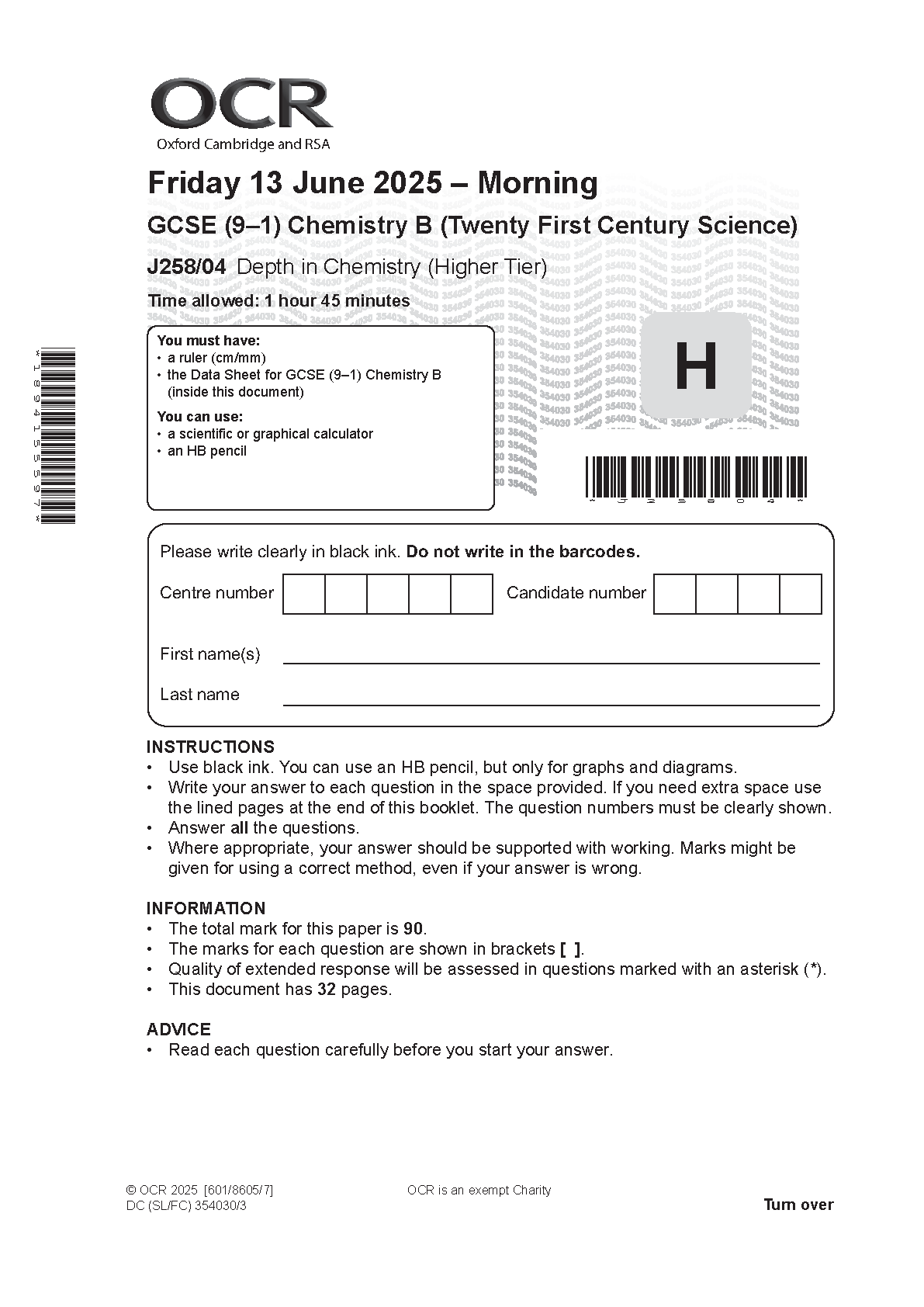 OCR GCSE Chemistry B Paper 4  2025 Question Paper