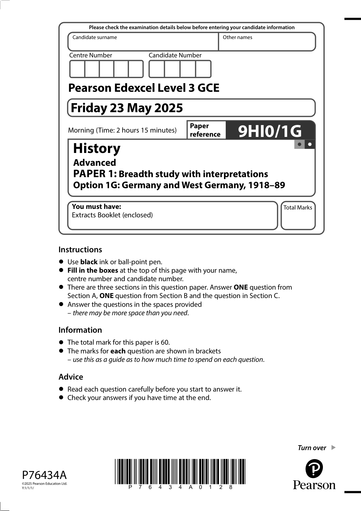 Pearson Edexcel A Level History Paper 1G 2025 QP PDF