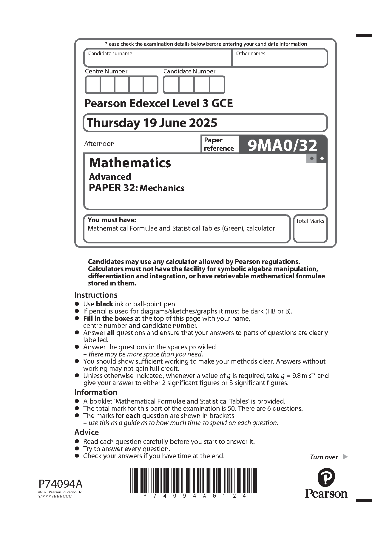 Pearson Edexcel A Level Mathematics Paper 32 2025 QP