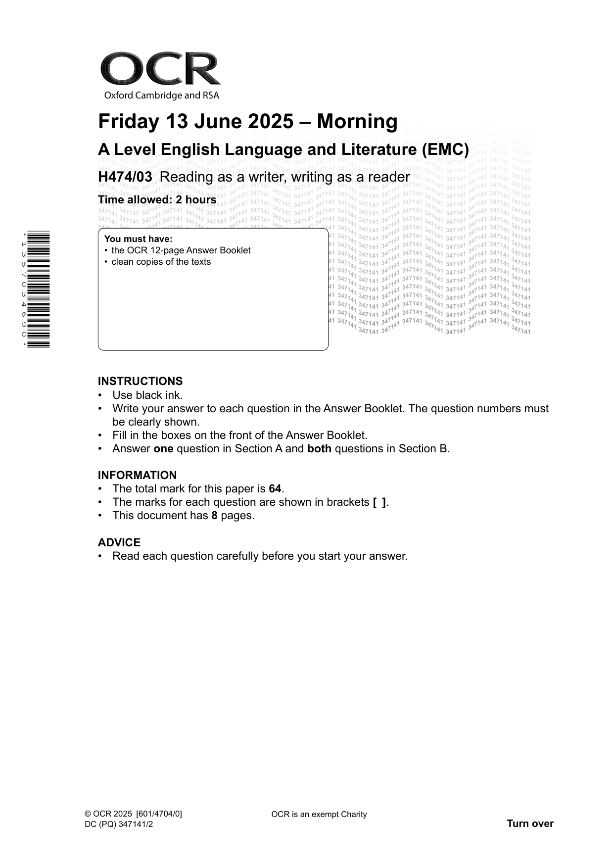 OCR A Level English Language and Literature Paper 3 2025 QP
