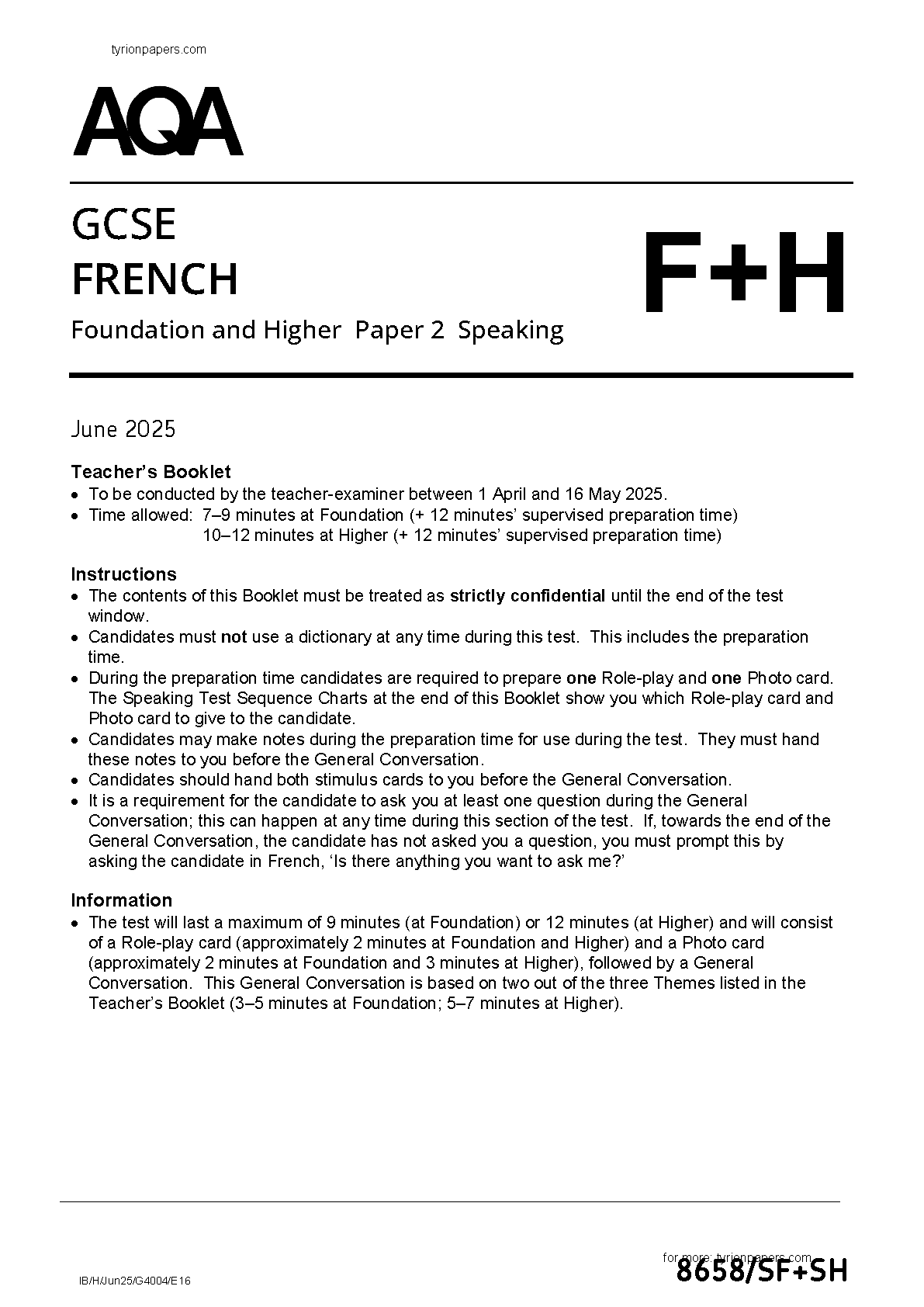 AQA GCSE French Speaking 2025 Teacher Booklet PDF IMG-1