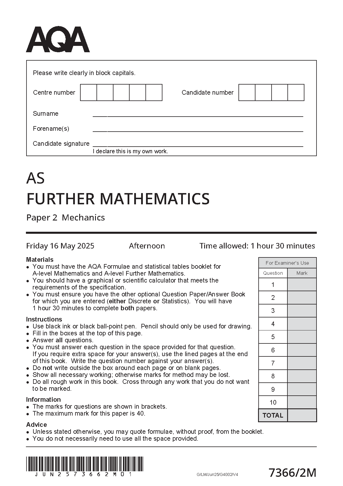 AQA AS Further Mathematics Paper 2m 2025 QP IMG-1