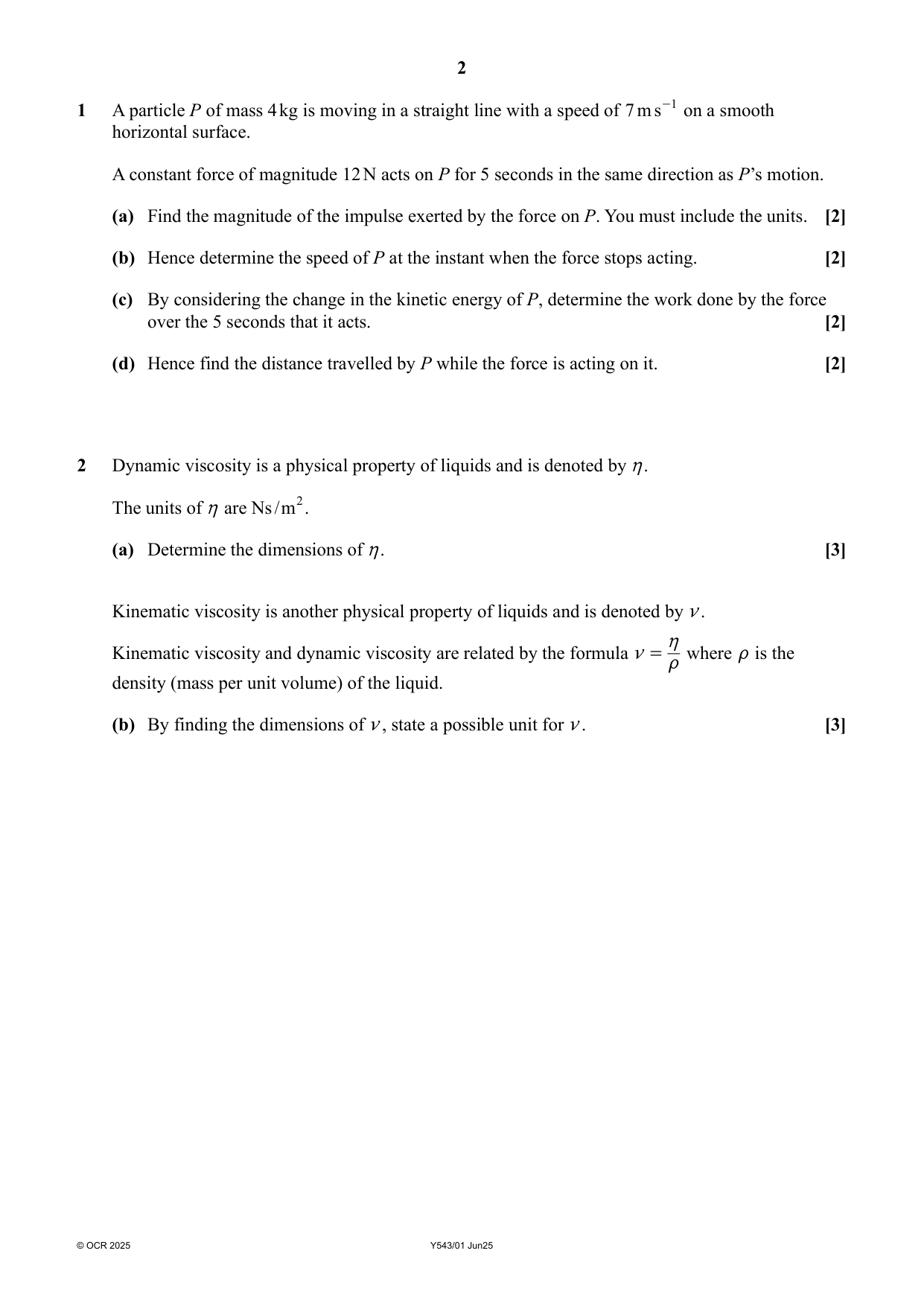 OCR A Level Further Mathematics A Mechanics Paper 1 2025 QP