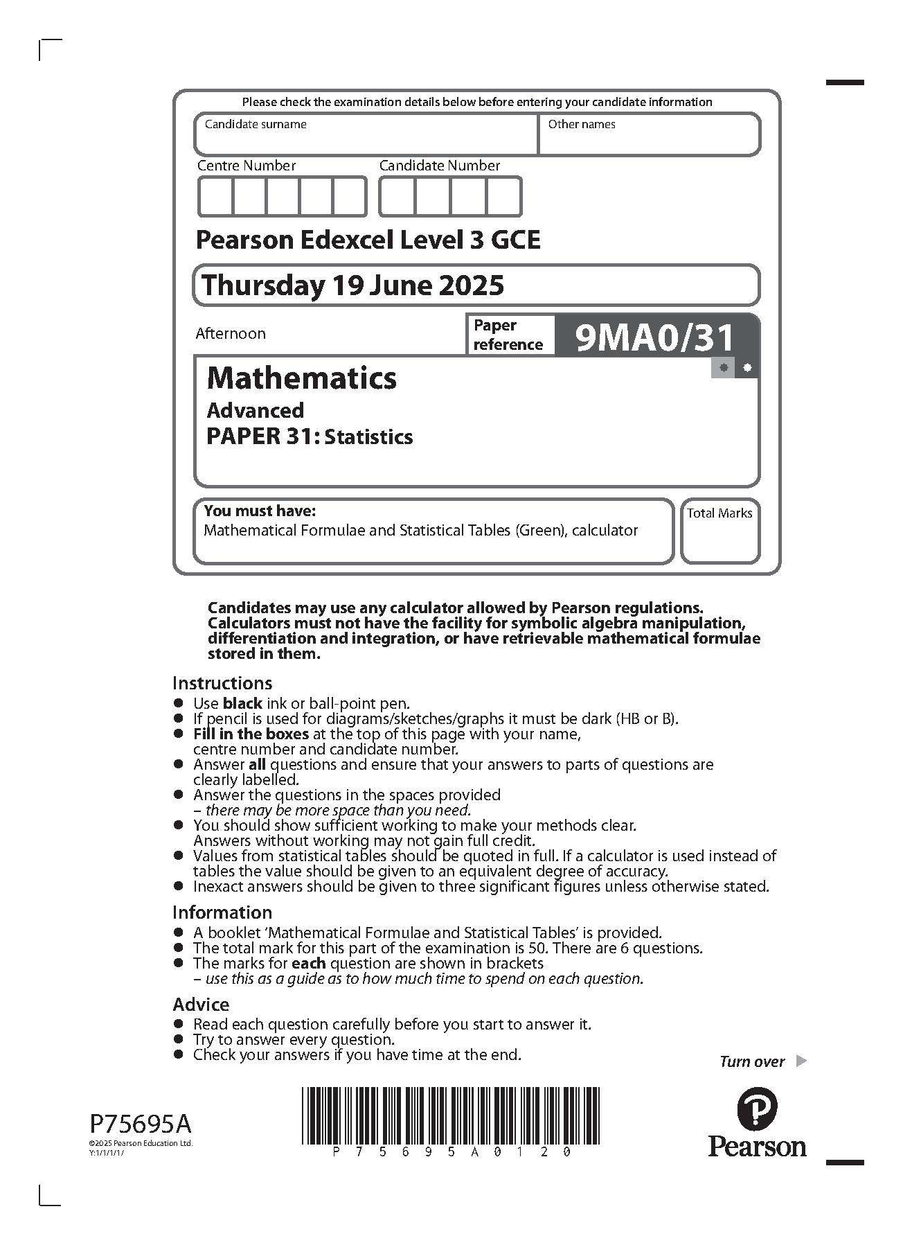 Pearson Edexcel A Level Mathematics Paper 31 2025 QP IMG-1