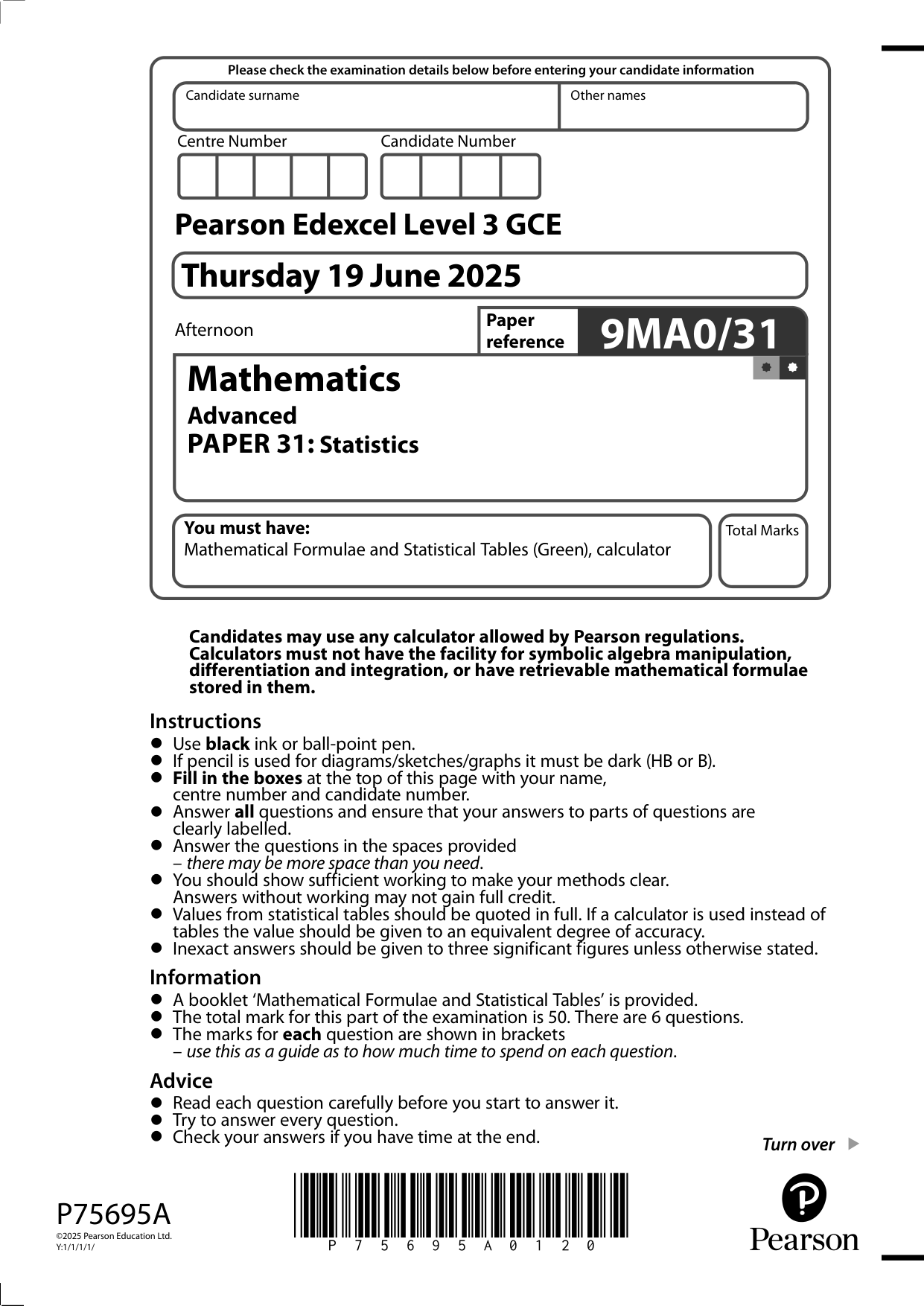 Pearson Edexcel A Level Mathematics Paper 31 2025 QP