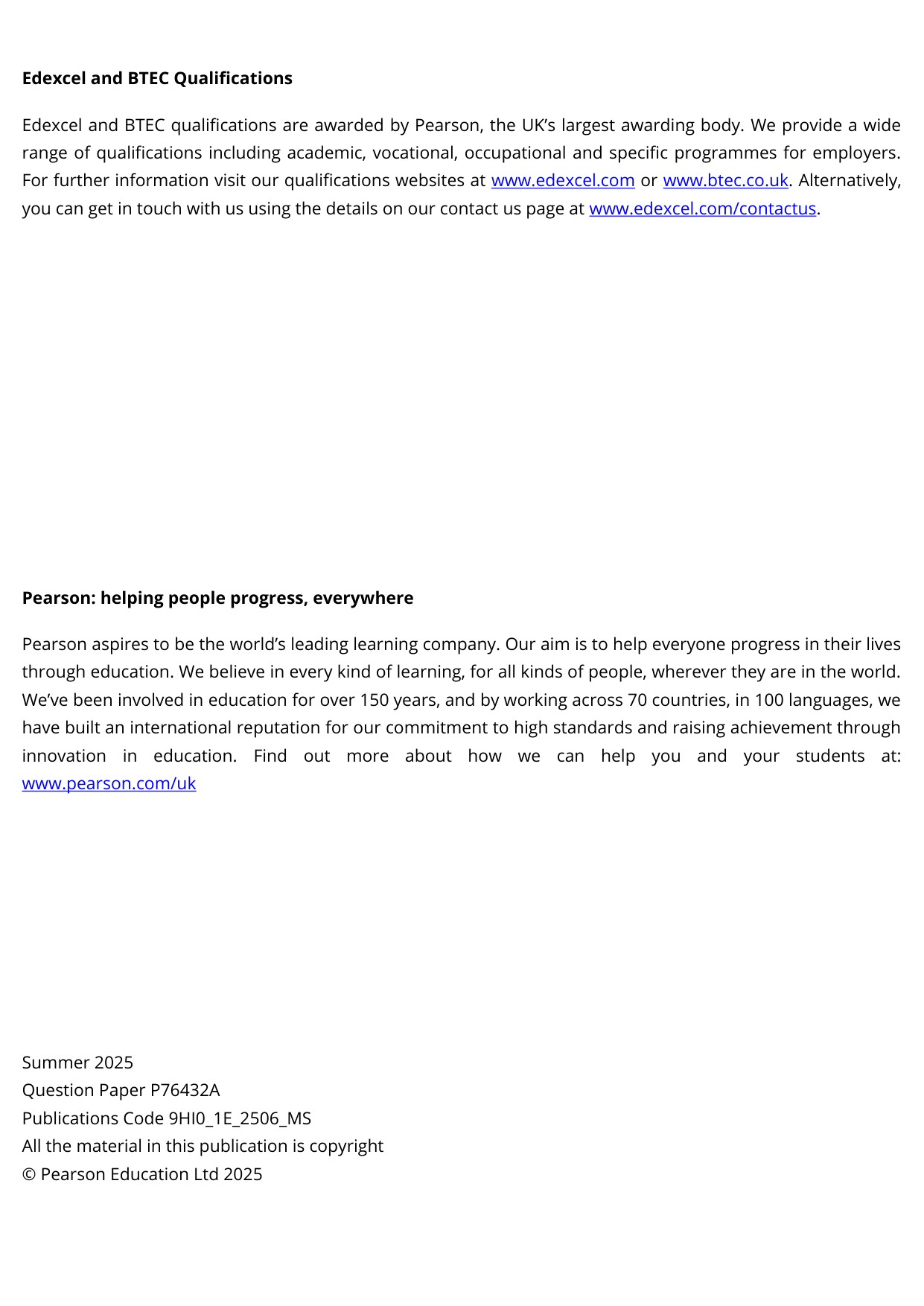 Pearson Edexcel A Level History Paper 1E 2025 Mark Scheme