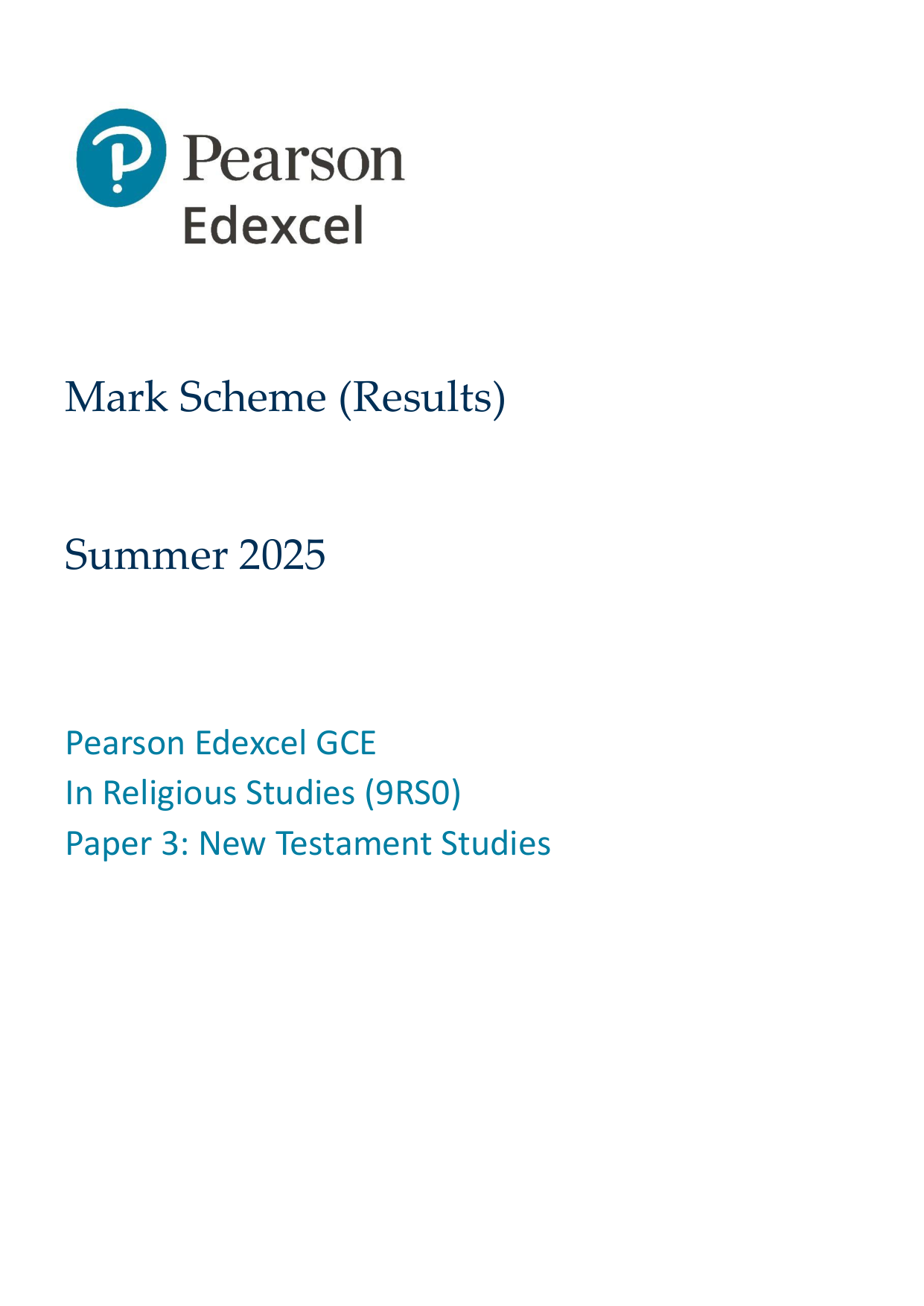 Pearson Edexcel A Level Religious Studies Paper 3 2025 Ms