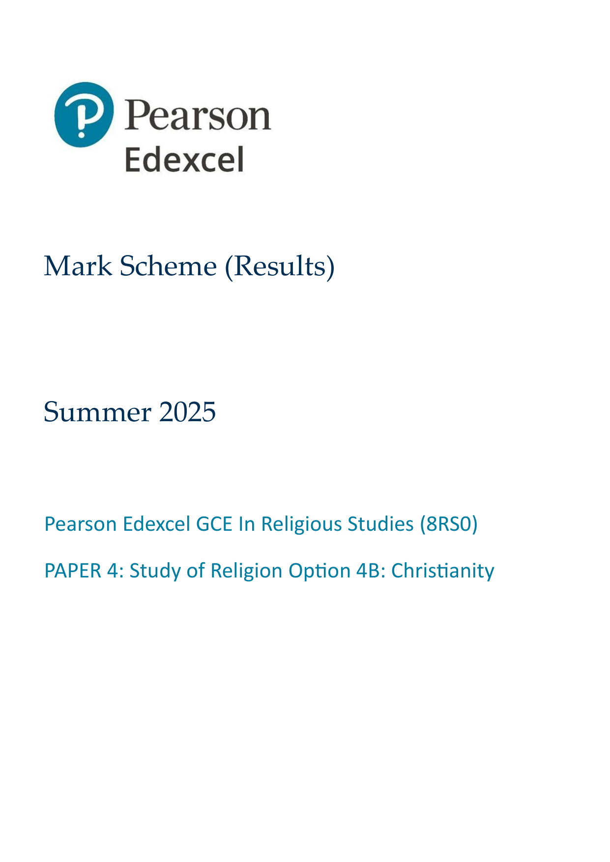 Pearson Edexcel AS Christianity Paper 4B 2025 Mark Scheme