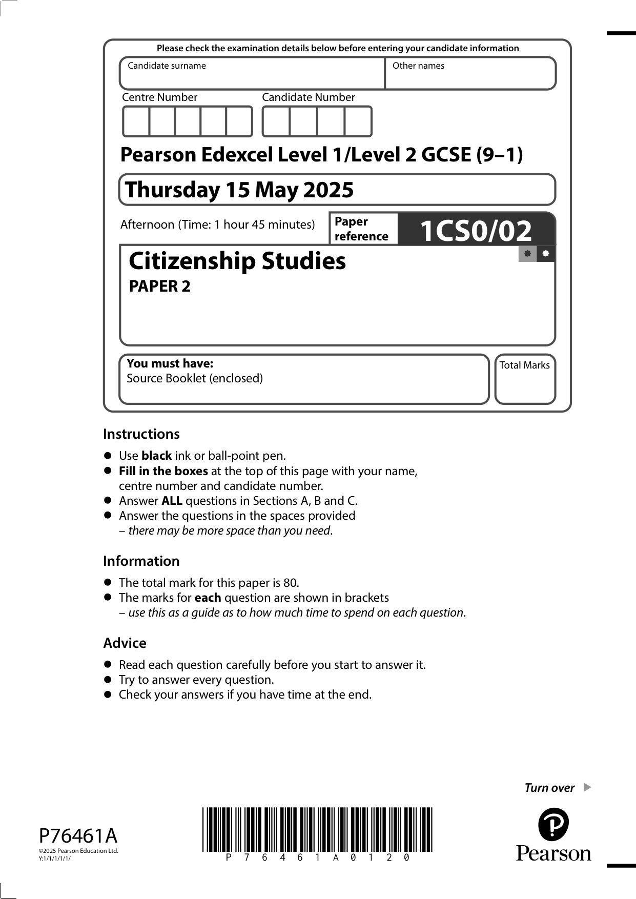 Pearson Edexcel GCSE Citizenship Paper 2 2025 Question Paper