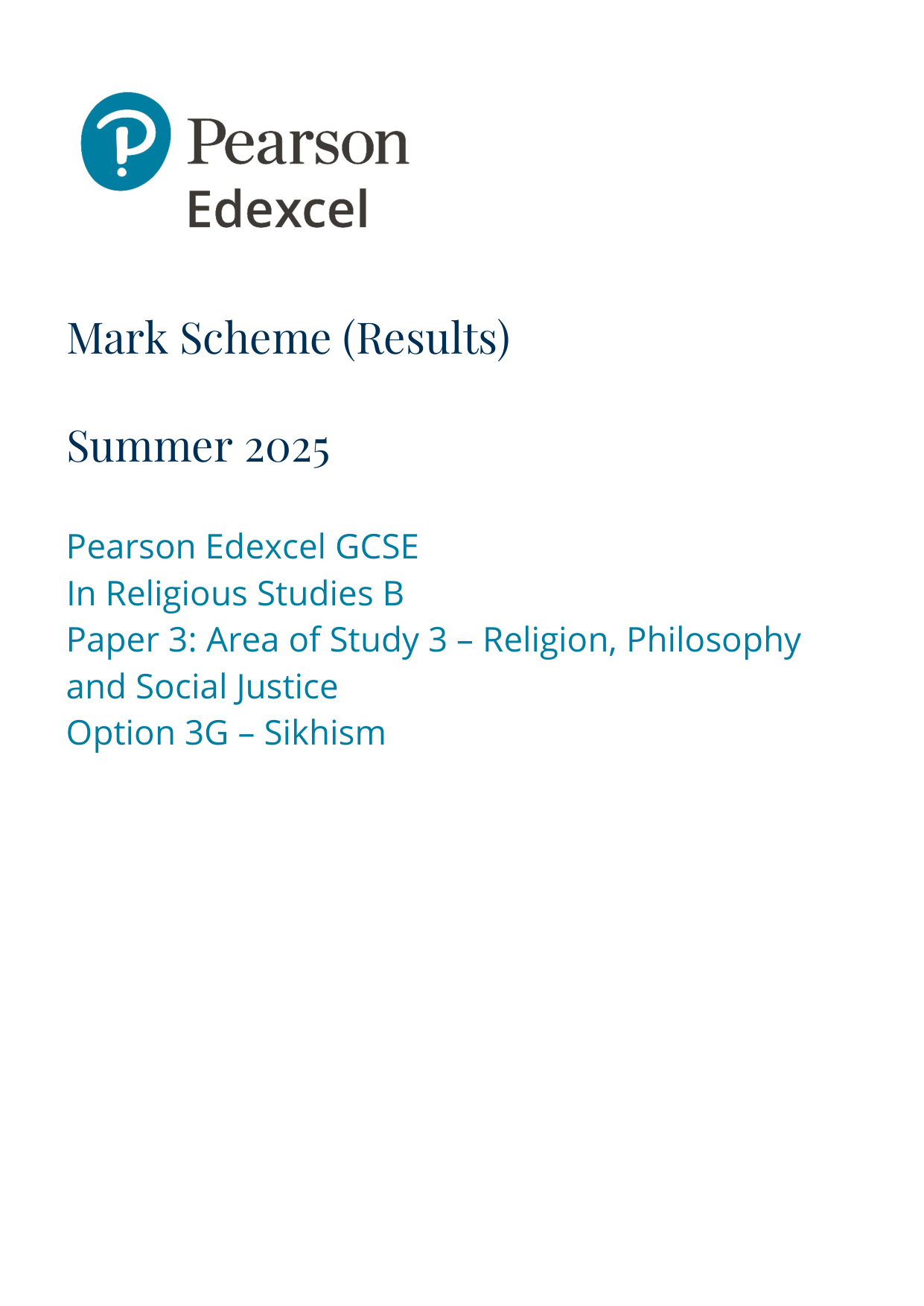 Pearson Edexcel GCSE Religious Studies B Paper 3G MS