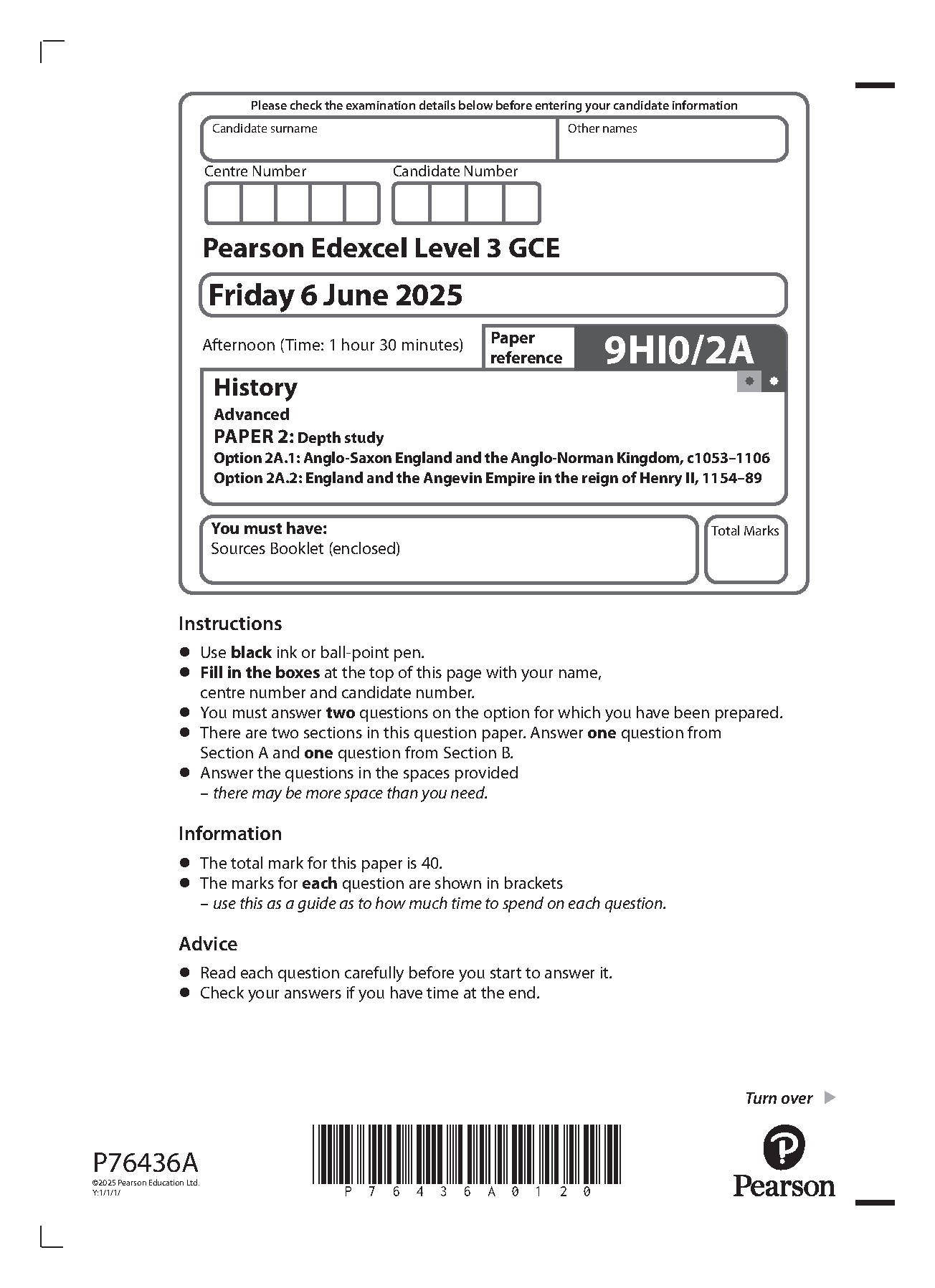 Pearson Edexcel A Level History Paper 2A 2025 QP PDF IMG-1