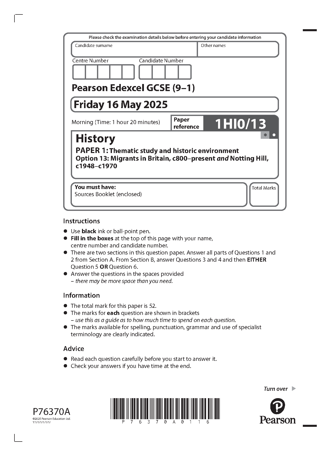 Pearson Edexcel GCSE History Paper 1 Option 13 2025 QP