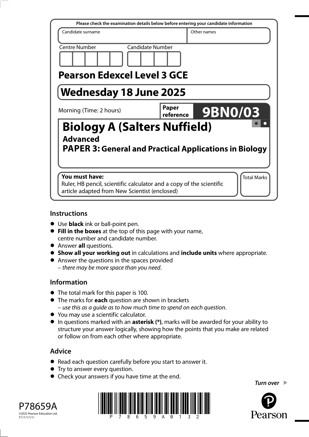Pearson Edexcel A Level Biology Paper 3 2025 Question Paper