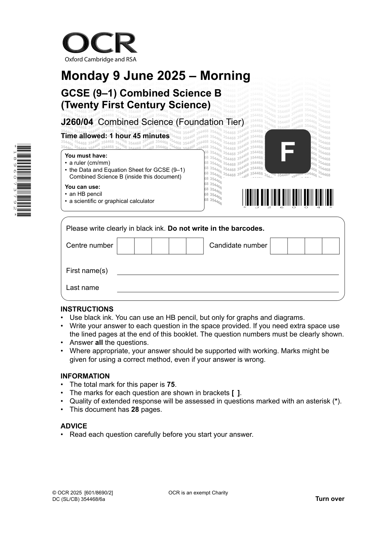 OCR GCSE Combined Science  Paper 4 2025 Question Paper