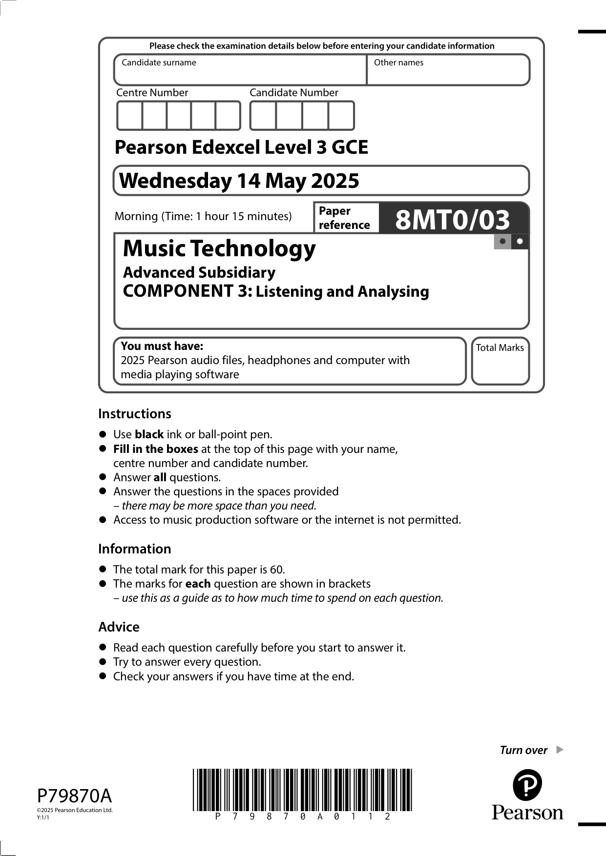 Pearson Edexcel AS Music Technology Component 3 2025 QP