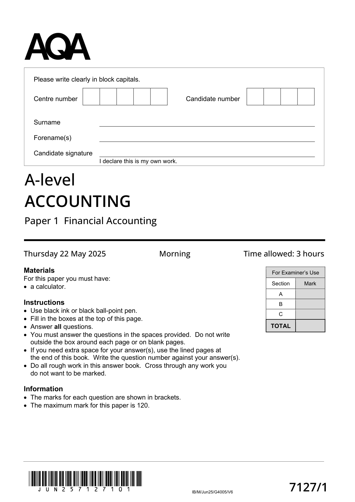 AQA A Level Accounting Paper 1 2025 Question Paper PDF