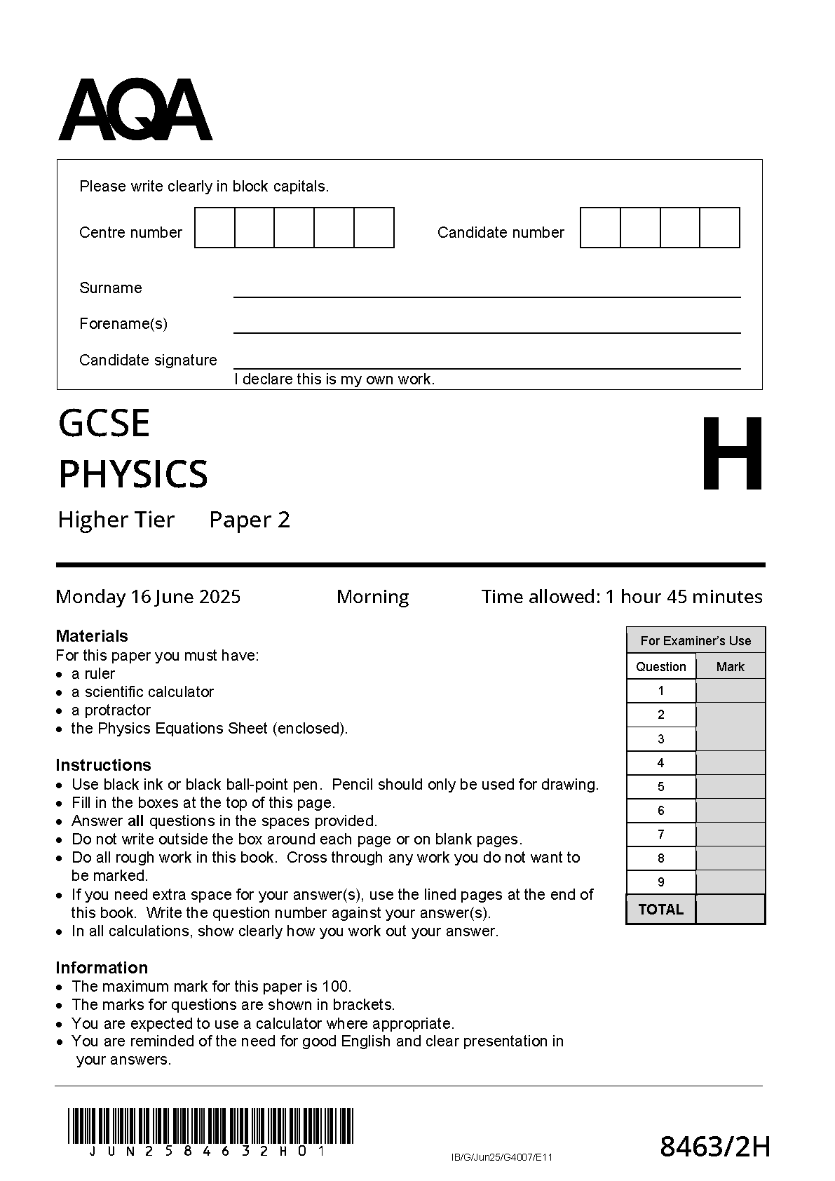 AQA GCSE Physics 2H 2025 Question Paper PDF IMG-1