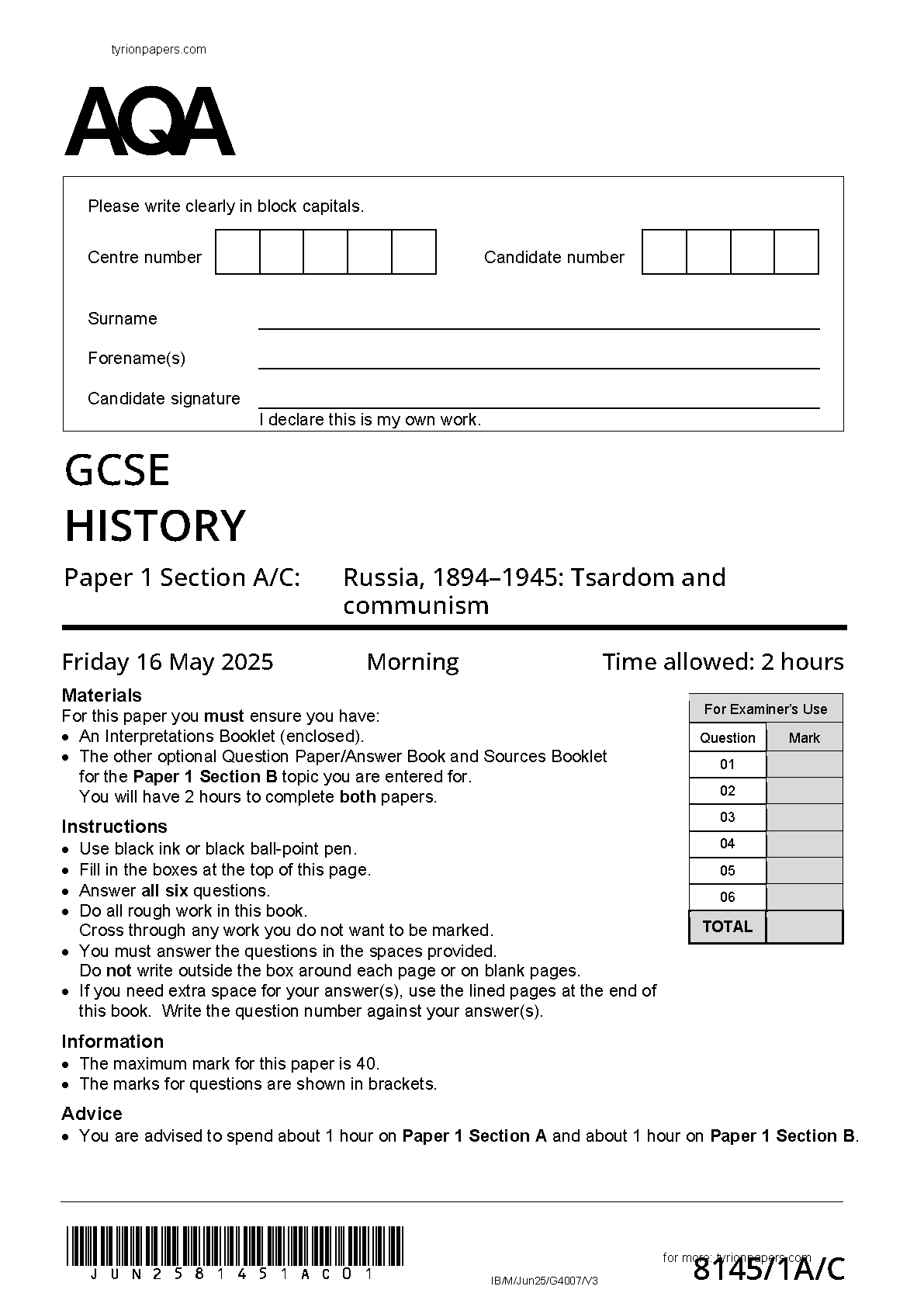 AQA GCSE History Paper 1A Section A/C 2025 Question Paper IMG-1