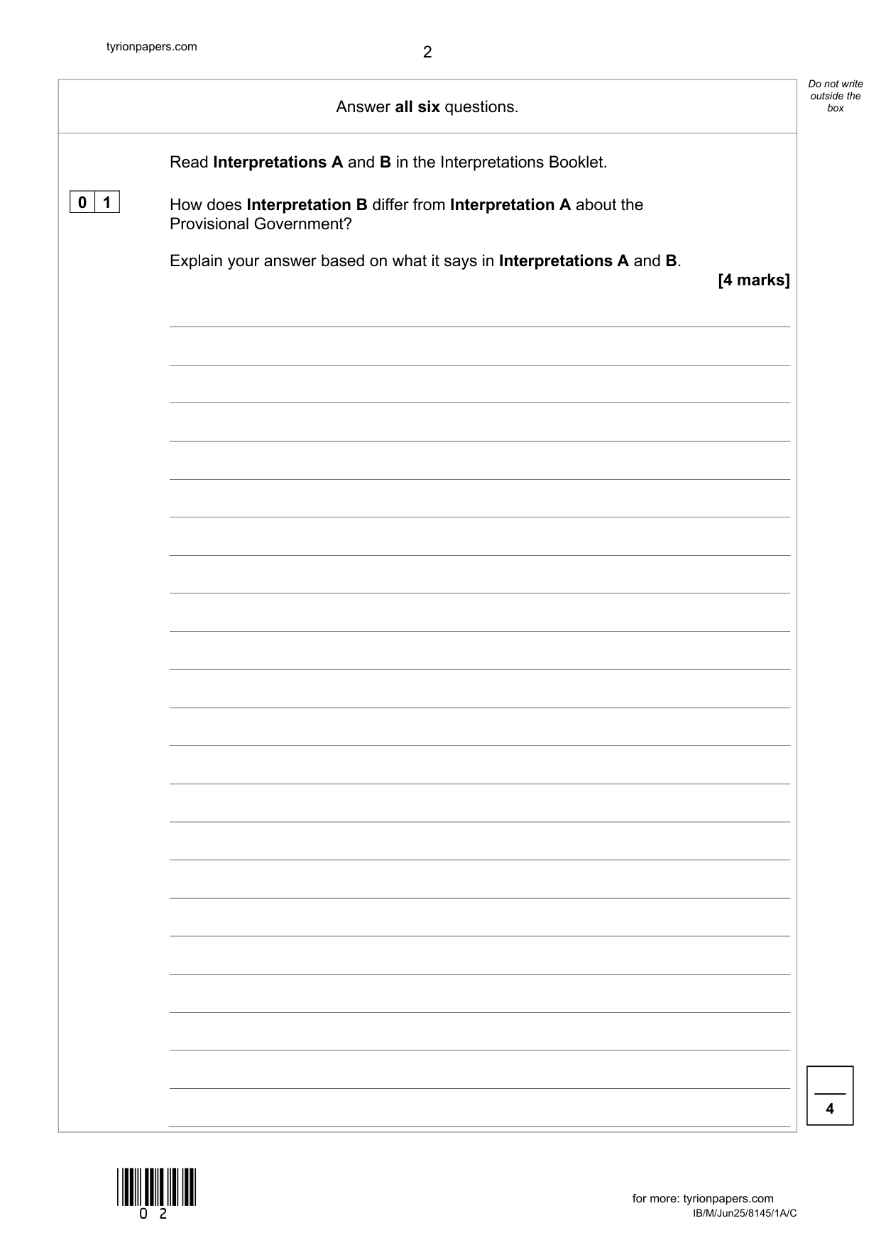 AQA GCSE History Paper 1A Section A/C 2025 Question Paper