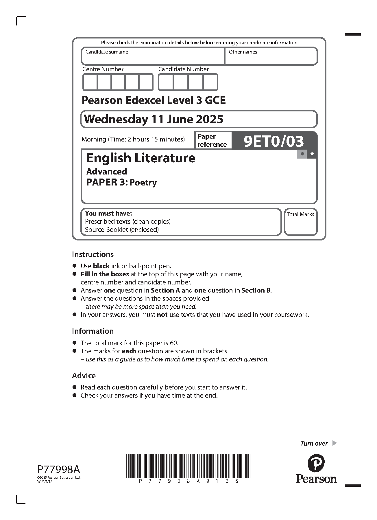 Pearson Edexcel A Level English Literature 2025 Paper 3 QP IMG-1