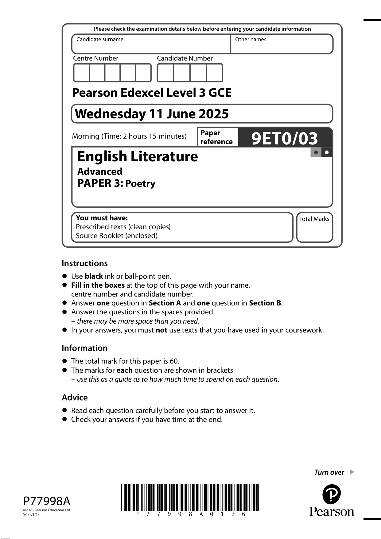 Pearson Edexcel A Level English Literature 2025 Paper 3 QP