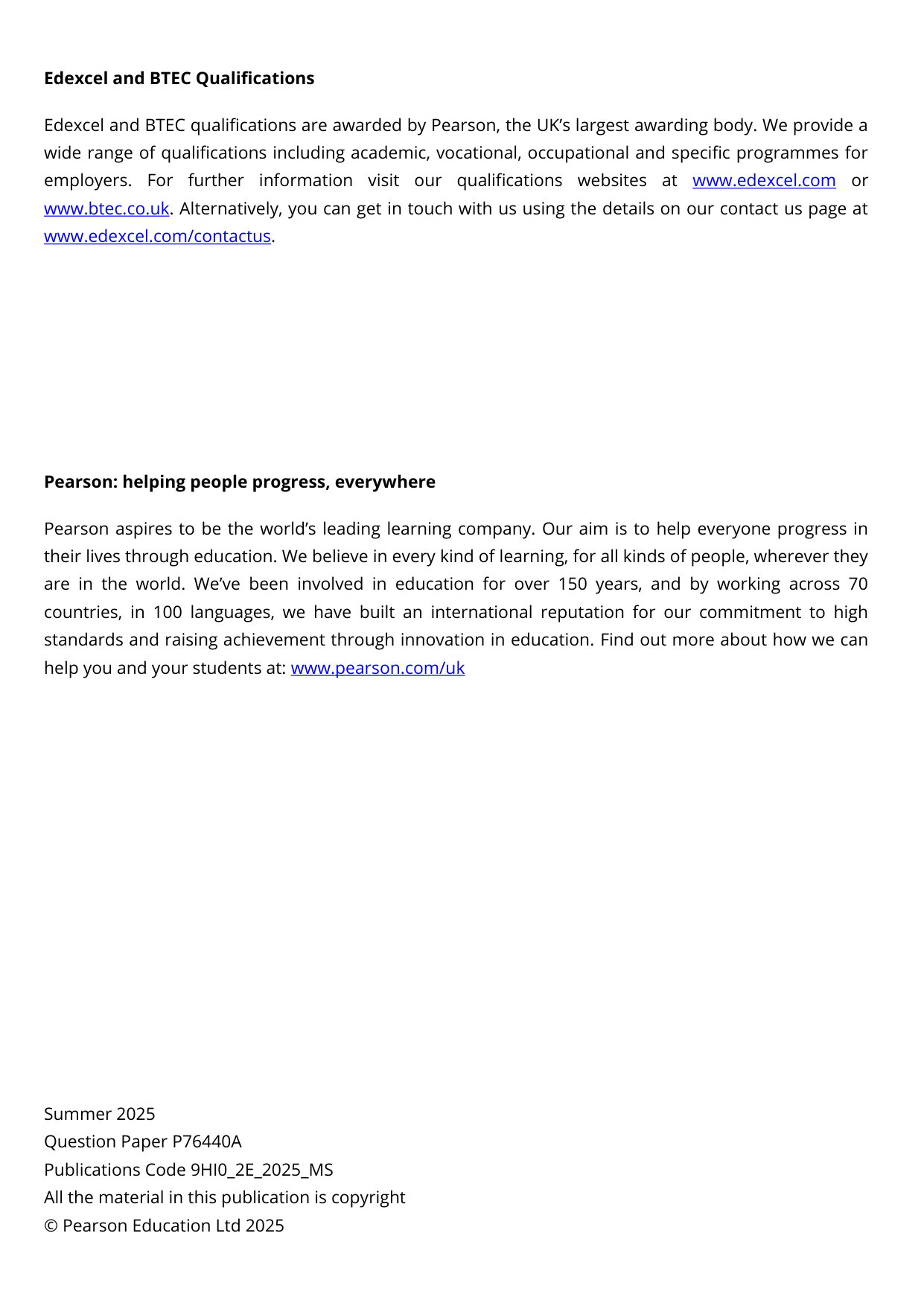 Pearson Edexcel A Level History Paper 2E 2025 Mark Scheme