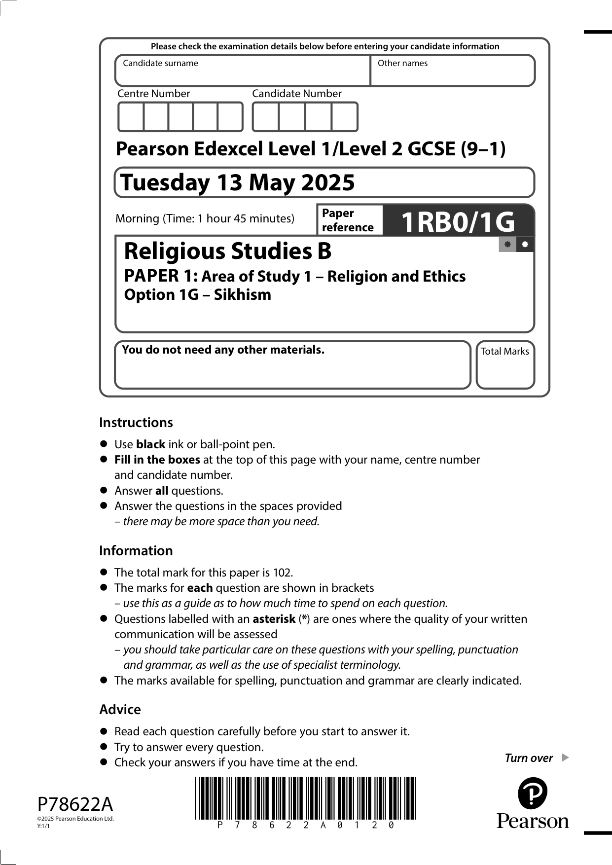 Pearson Edexcel GCSE Religious Studies B Paper 1G 2025