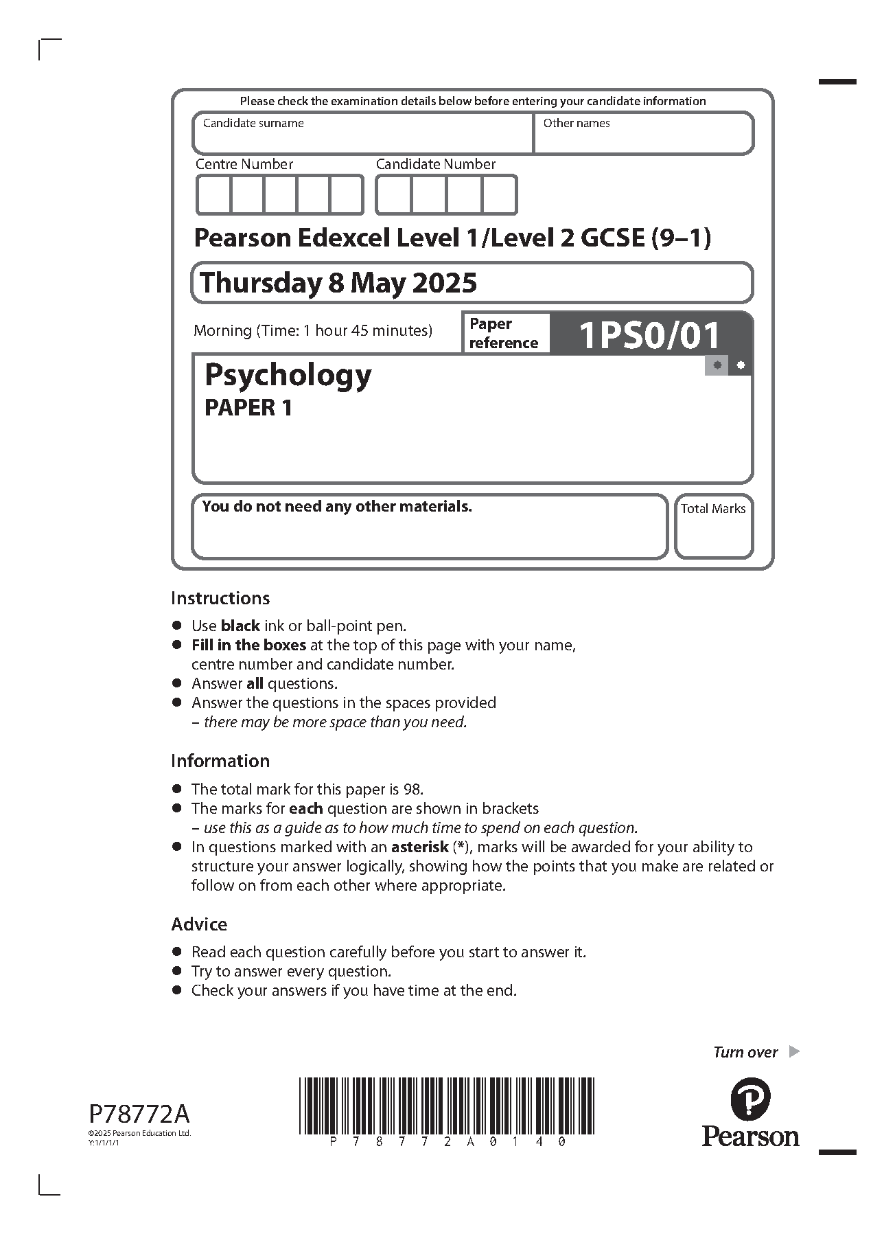 Pearson Edexcel GCSE Psychology Paper 1 2025 Question Paper IMG-1