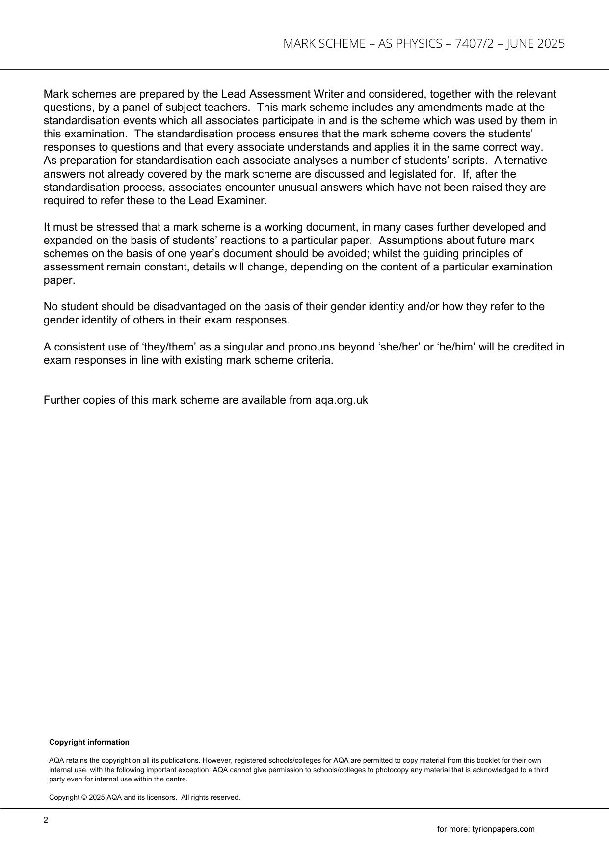 AQA AS Physics Paper 2 2025 Mark Scheme PDF