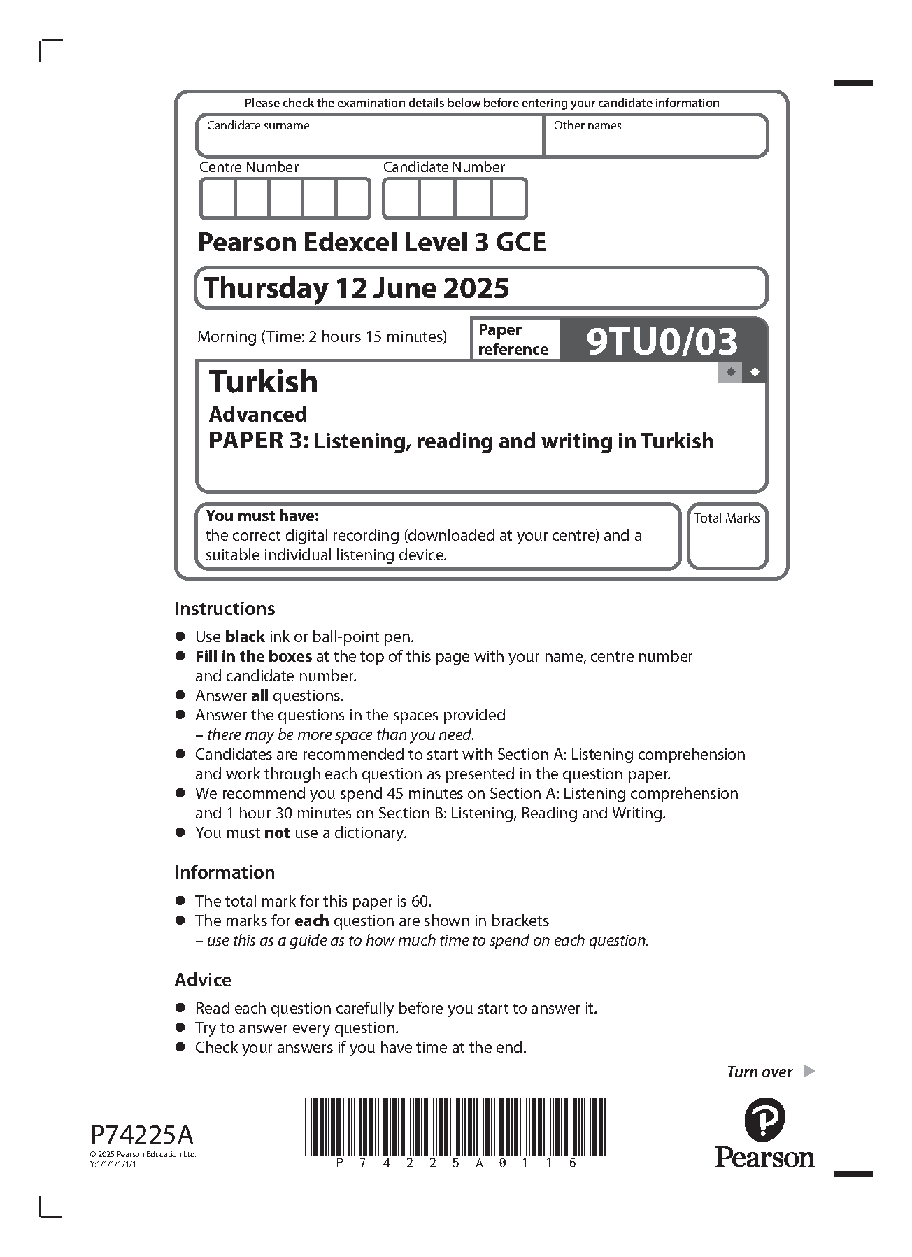 Pearson Edexcel A Level Turkish Paper 3 2025 Question Paper IMG-1