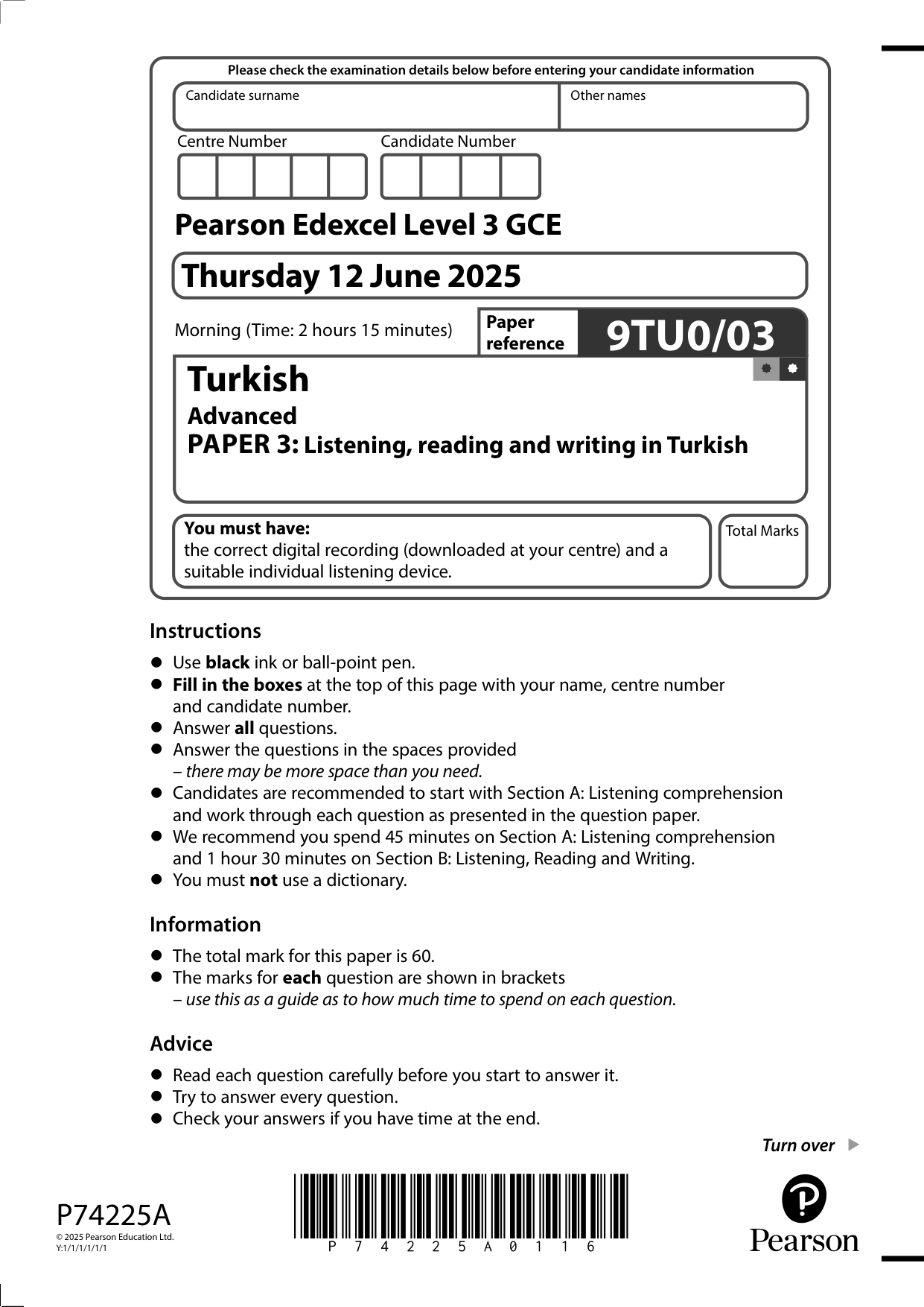 Pearson Edexcel A Level Turkish Paper 3 2025 Question Paper