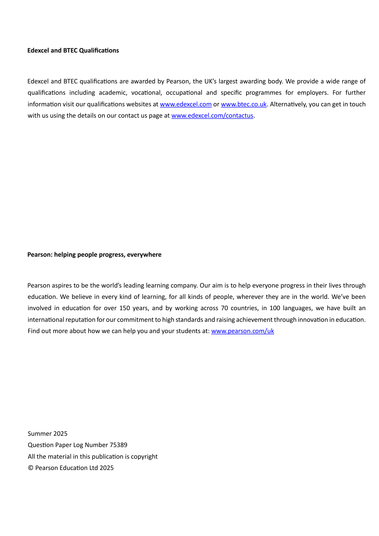Pearson Edexcel A Level Portuguese 2025 Paper 1 Mark Scheme