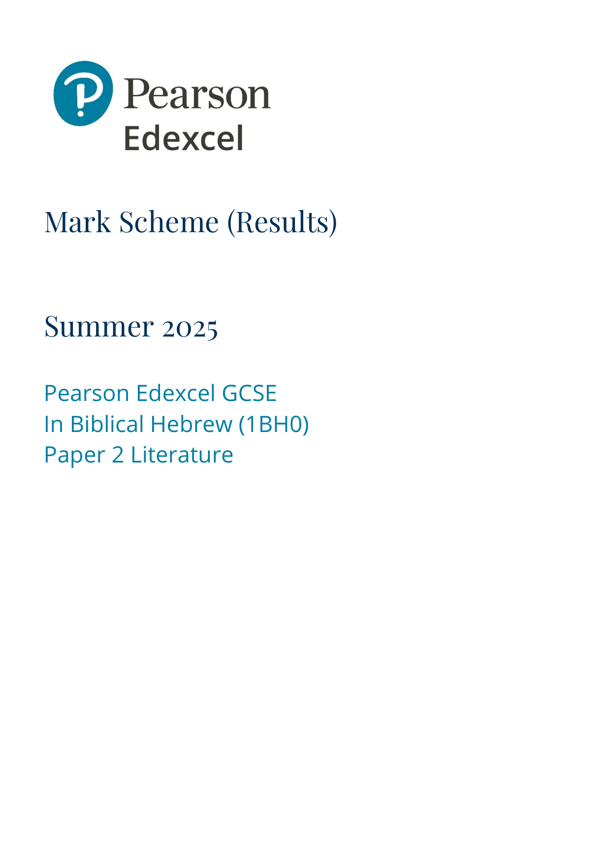 Pearson Edexcel GCSE Biblical Hebrew Paper 2 Mark Scheme
