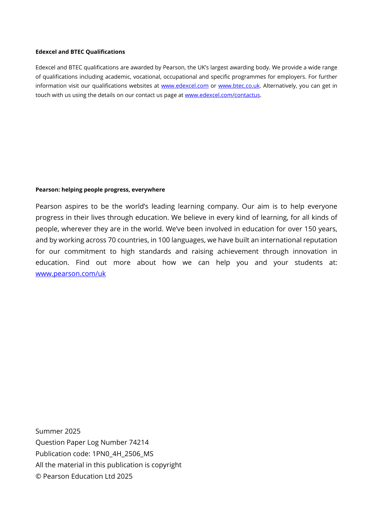 Pearson Edexcel GCSE Persian Paper 4H 2025 Mark Scheme