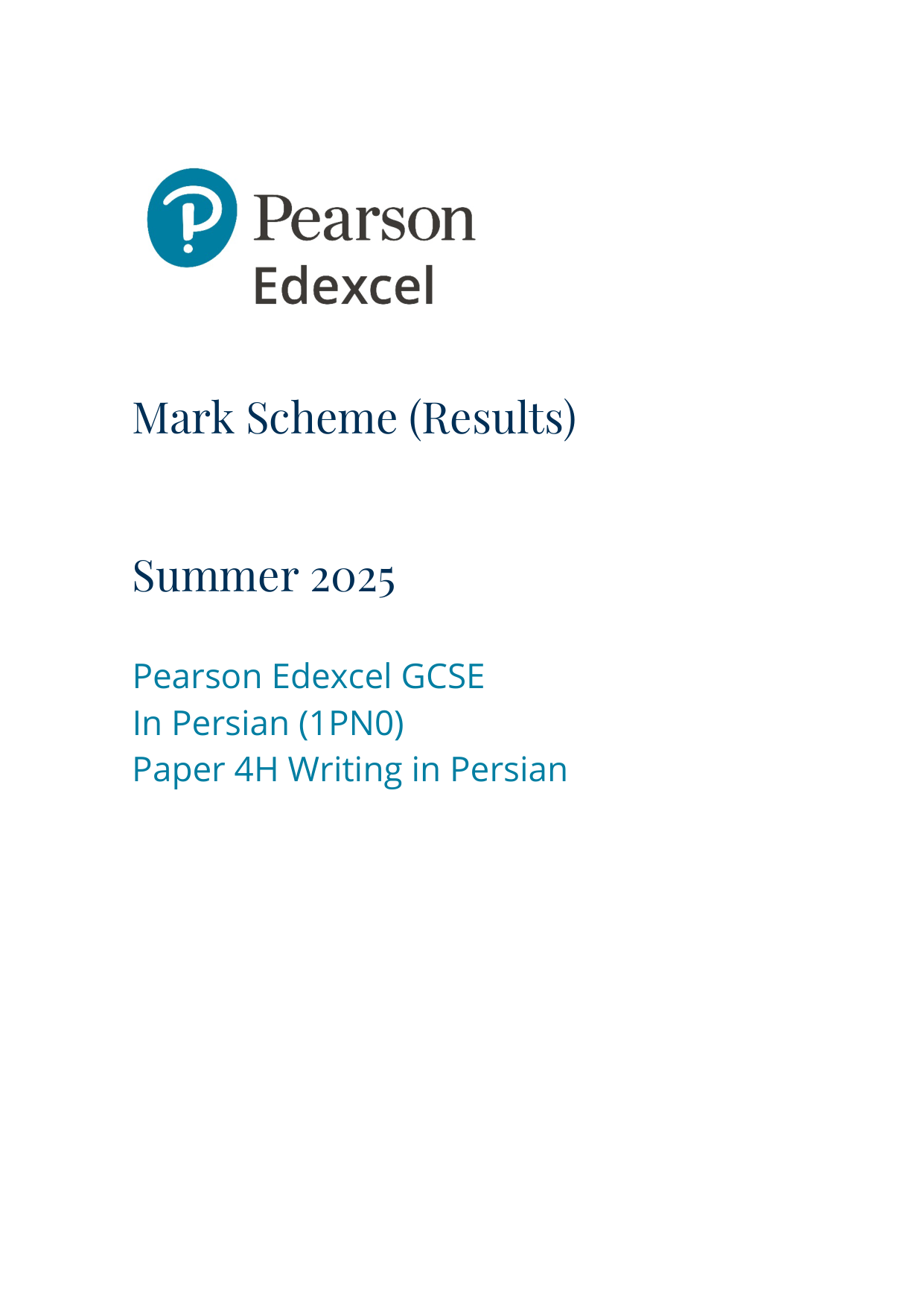 Pearson Edexcel GCSE Persian Paper 4H 2025 Mark Scheme