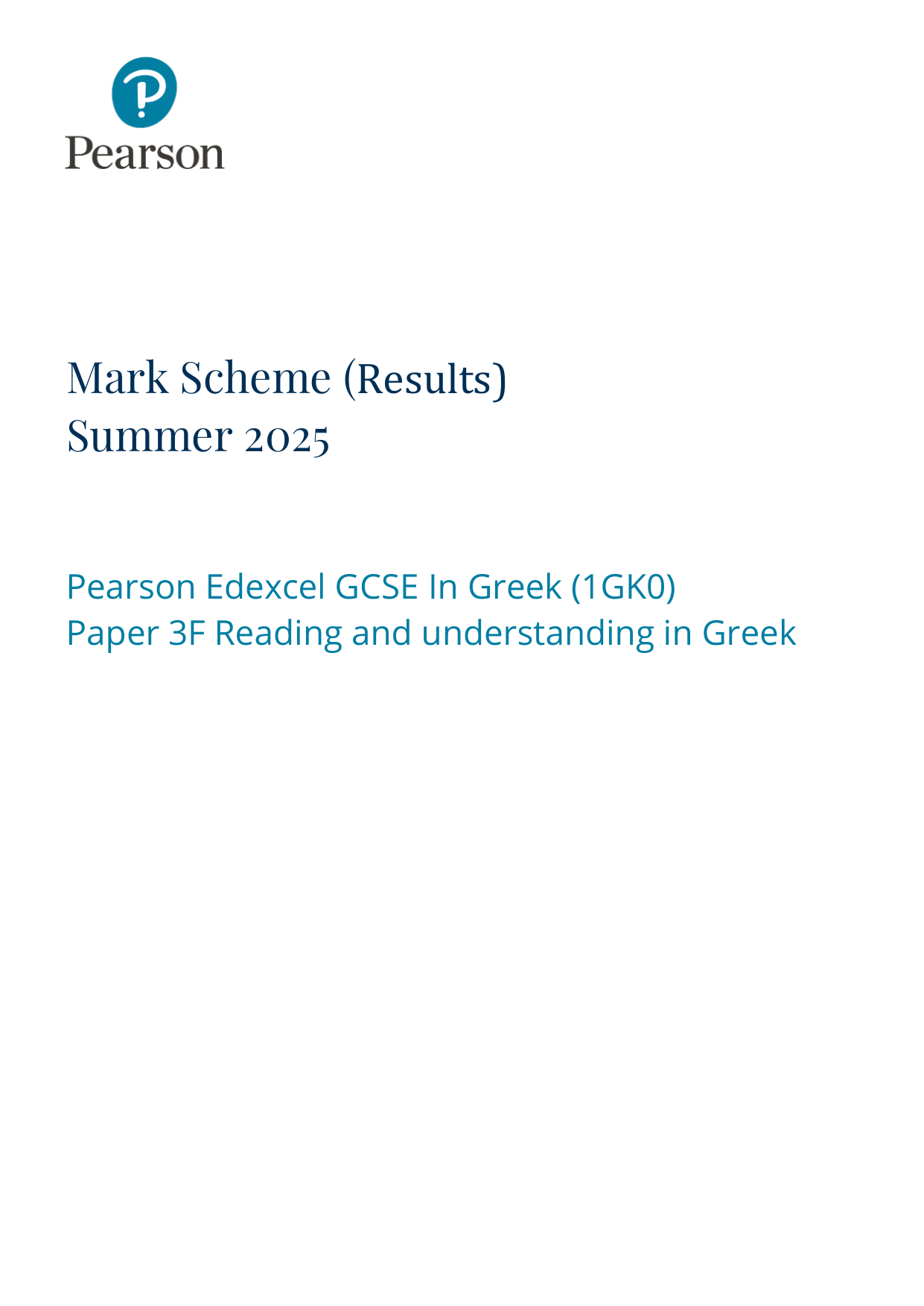 Pearson Edexcel GCSE Greek Paper 3F 2025 Mark Scheme PDF